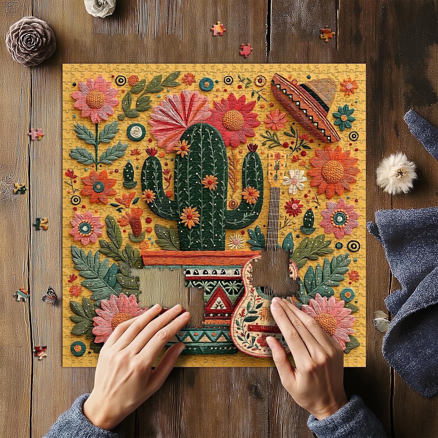 1000 Piece Cactus Puzzle for Adults, Vintange Desert Flower Jigsaw Puzzle image 4