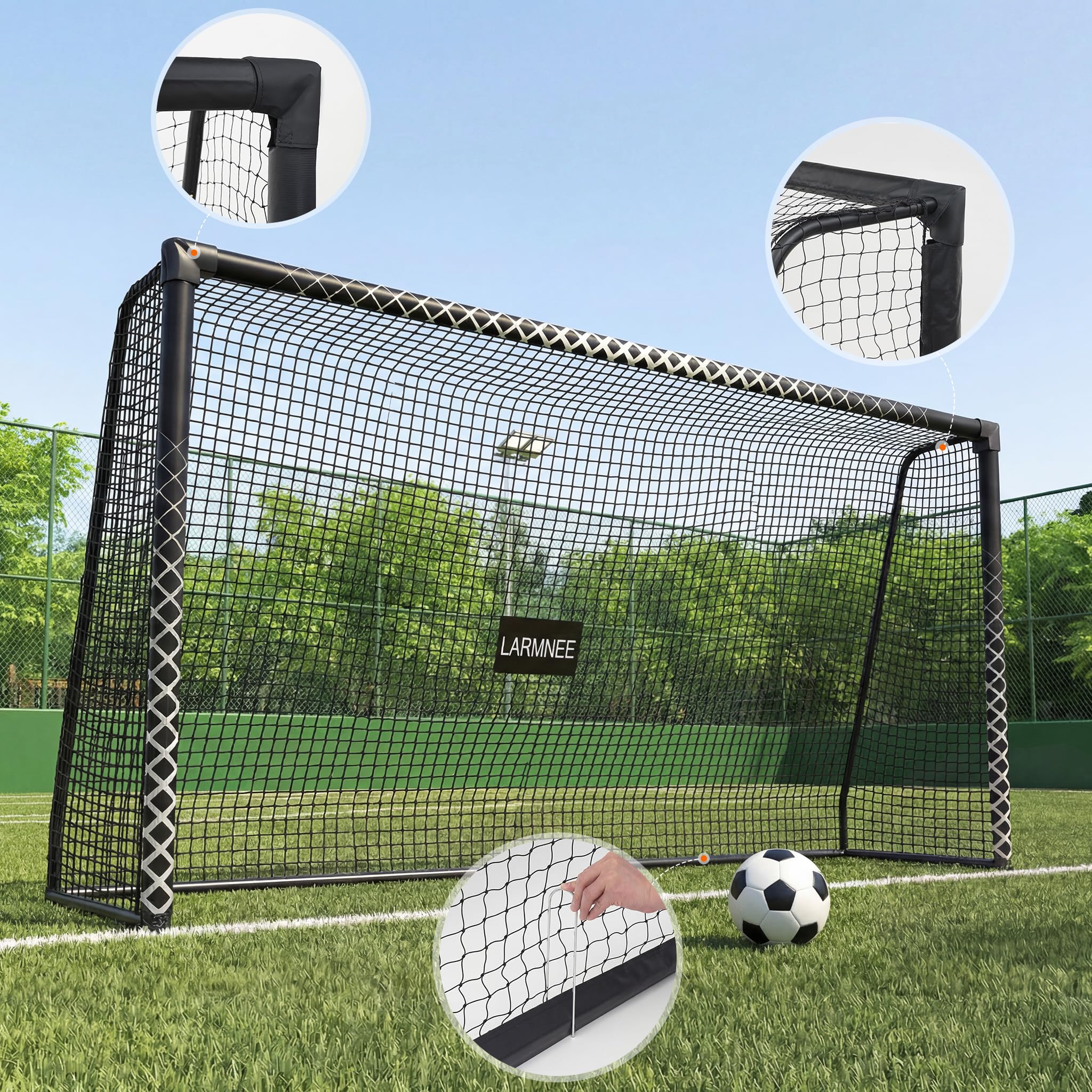 LARMNEE Großes Fussballtor, PE-Knotennetz, inklusive U-Heringen, Schaumstoffbezug, für Outdoor, Garten, Spielfeld
