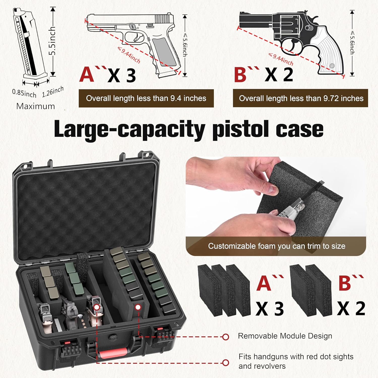 Kinghardcase Gun Cases For 5 Handguns, Built-in Tag Gun Case, IP67 Waterproof Hard Pistol Cases With Desiccant, TSA Approved Firearm Travel Case, Suitable for Ranges and Travel Carry