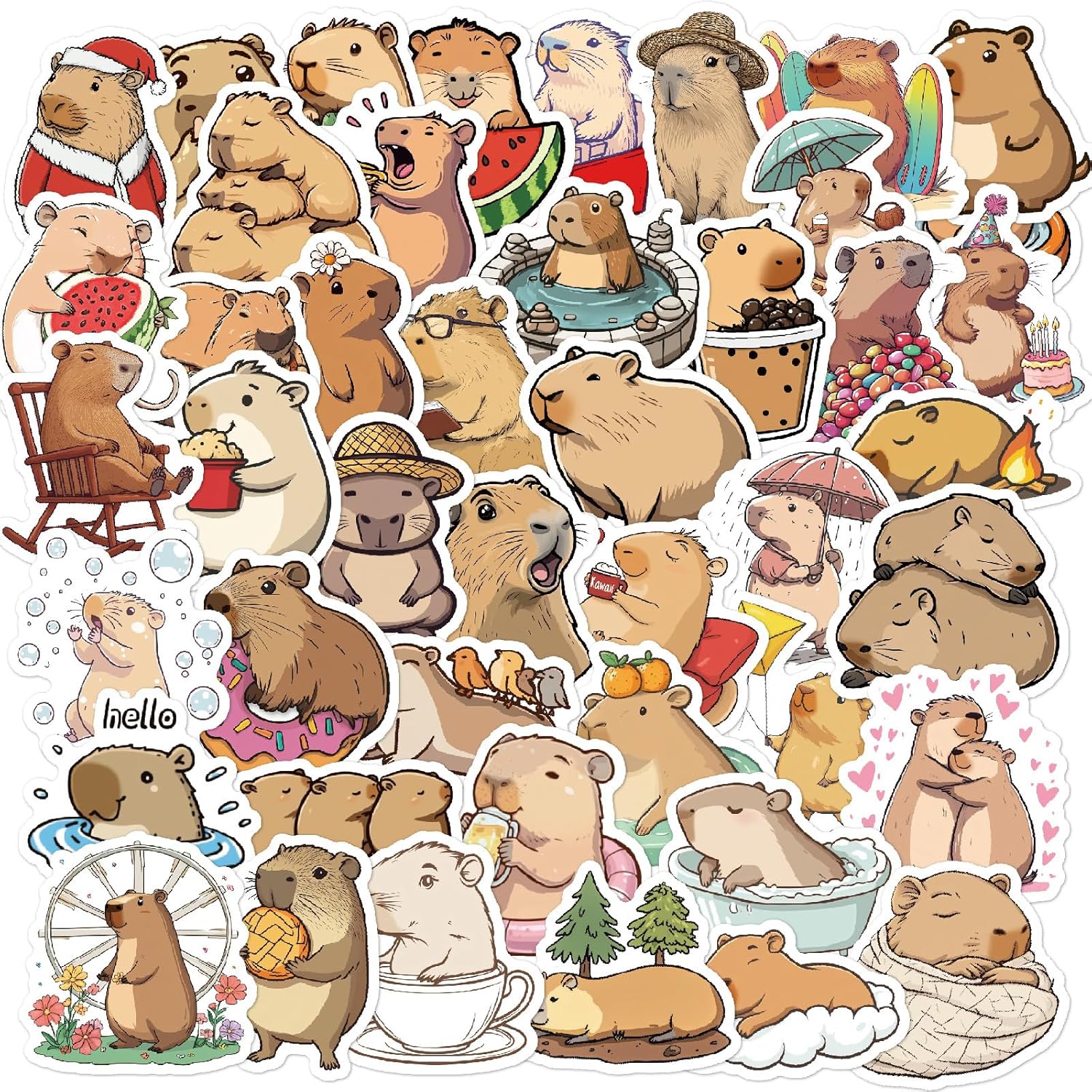 50PCS Capybara Stickers Cute Animal Decals for Adults, Cartoon Capybara Sticker for Water Bottles Laptop Luggage Skateboard, Waterproof Vinyl Kawaii Stickers Reward Decal