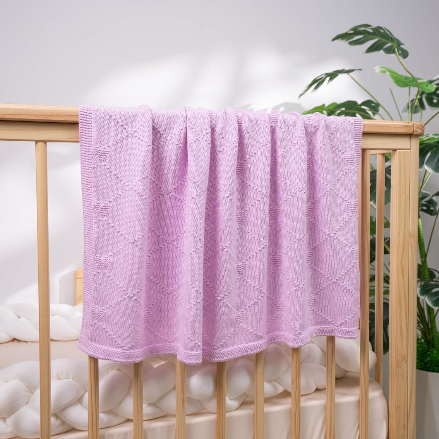 Cotton Baby Blanket with Heart Patter Soft Breathable Newborn Blanket for Boys & Girls, Lightweight Knit Throw for Crib, Stroller & Nursery Multiple Colors Available Lilac-30x30