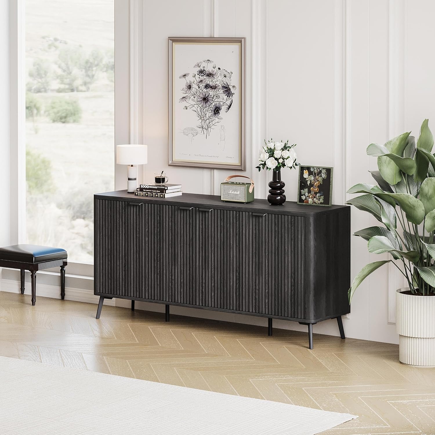 62.9'' Flute Sideboard Cabinet with Adjustable Shelf, Curved Accent Design with Metal Legs, Buffet Sideboard, Storage Cabinet for Living Room, Entrance (Advanced Black Wood Grain)