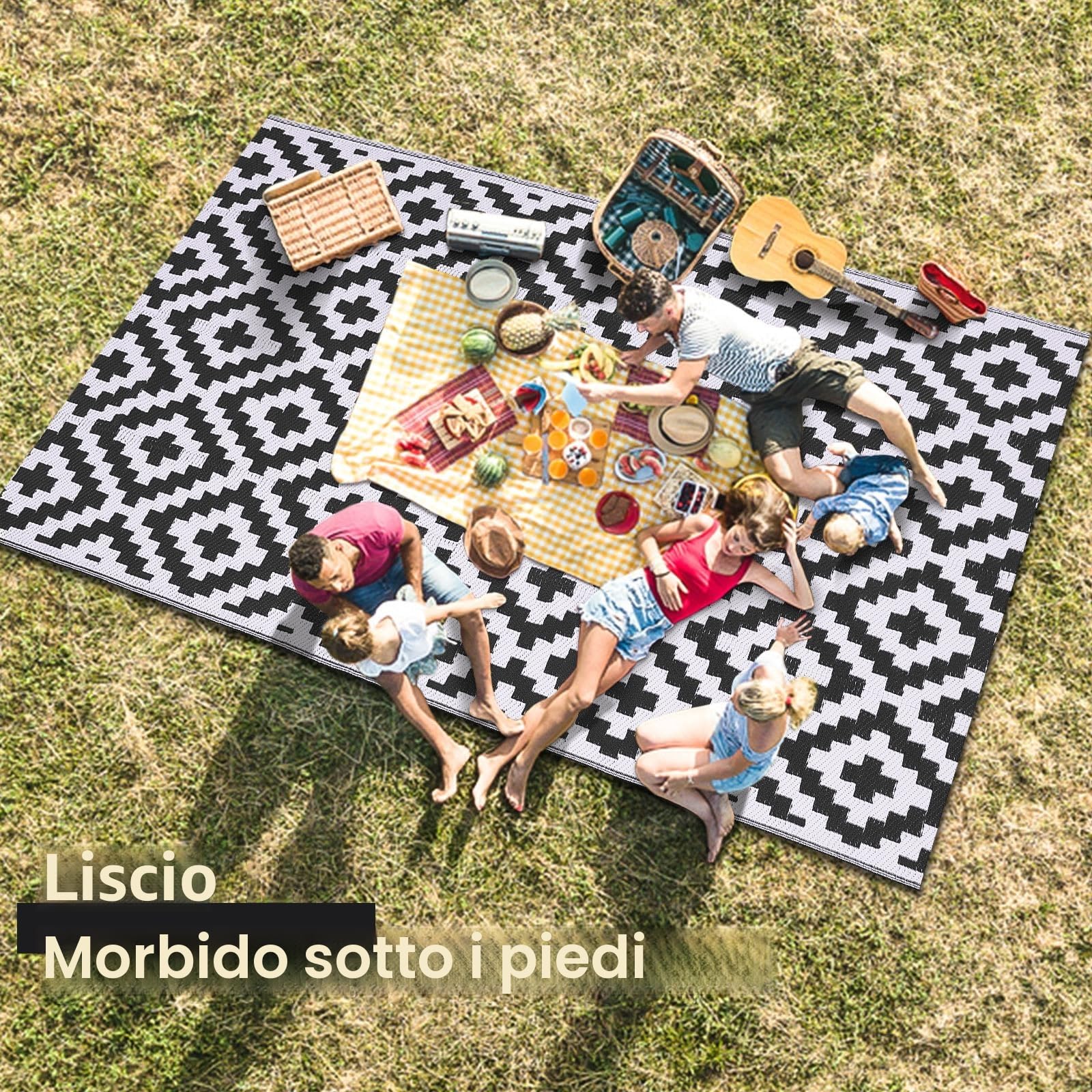 Homaxy Tappeto per esterni, resistente alle intemperie e raggi UV, lavabile, per balcone, giardino, terrazza, campeggio e picnic, 150 x 240 cm, nero e bianco