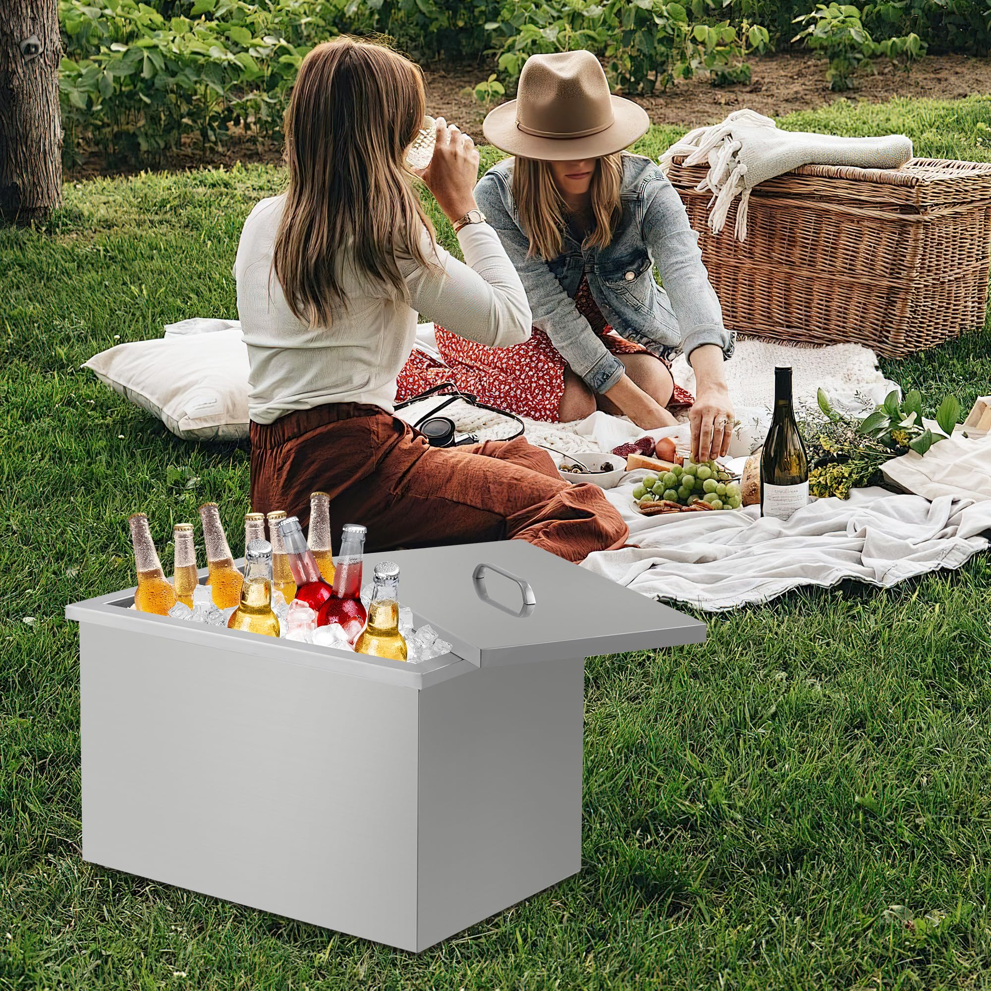 Edelstahl Einbau-Eisbox 51 × 33 × 31 für Outdoor-Küche & Party, Ablaufrohr & Stöpsel, Ideal zur Kühlung von Eis, Getränken, Wein & Bier, Tragbarer Deckel, Silber