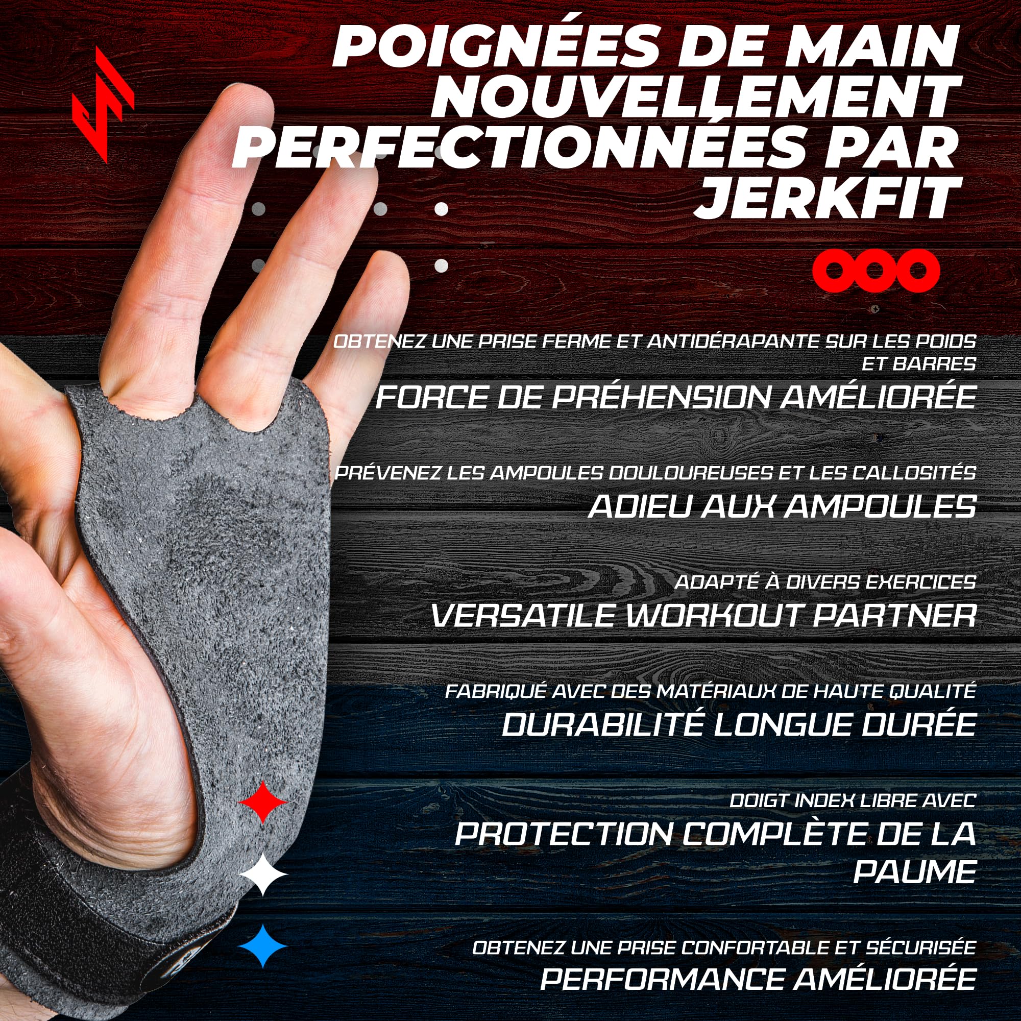 JerkFit RAW Grips – Poignées en Cuir 2 Doigts pour Gymnastique & Cross Training – Protection Complète des Paumes WOD, Musculation, Calisthénics & Tractions – Prévient Les Déchirures & Ampoules