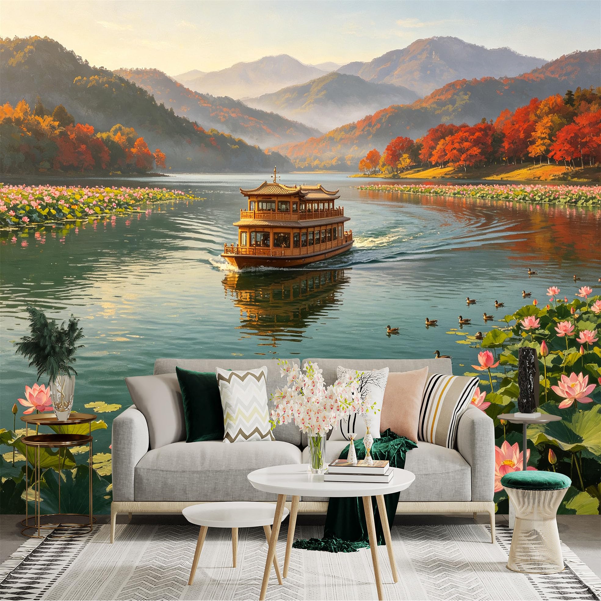 Custom Size Wall Sticker Mural， Traditional Chinese Boat， Scenic Lake View， Blooming Lotus Flowers and Swimming Ducks， for wall Decoration， peelandstick wall Decals.