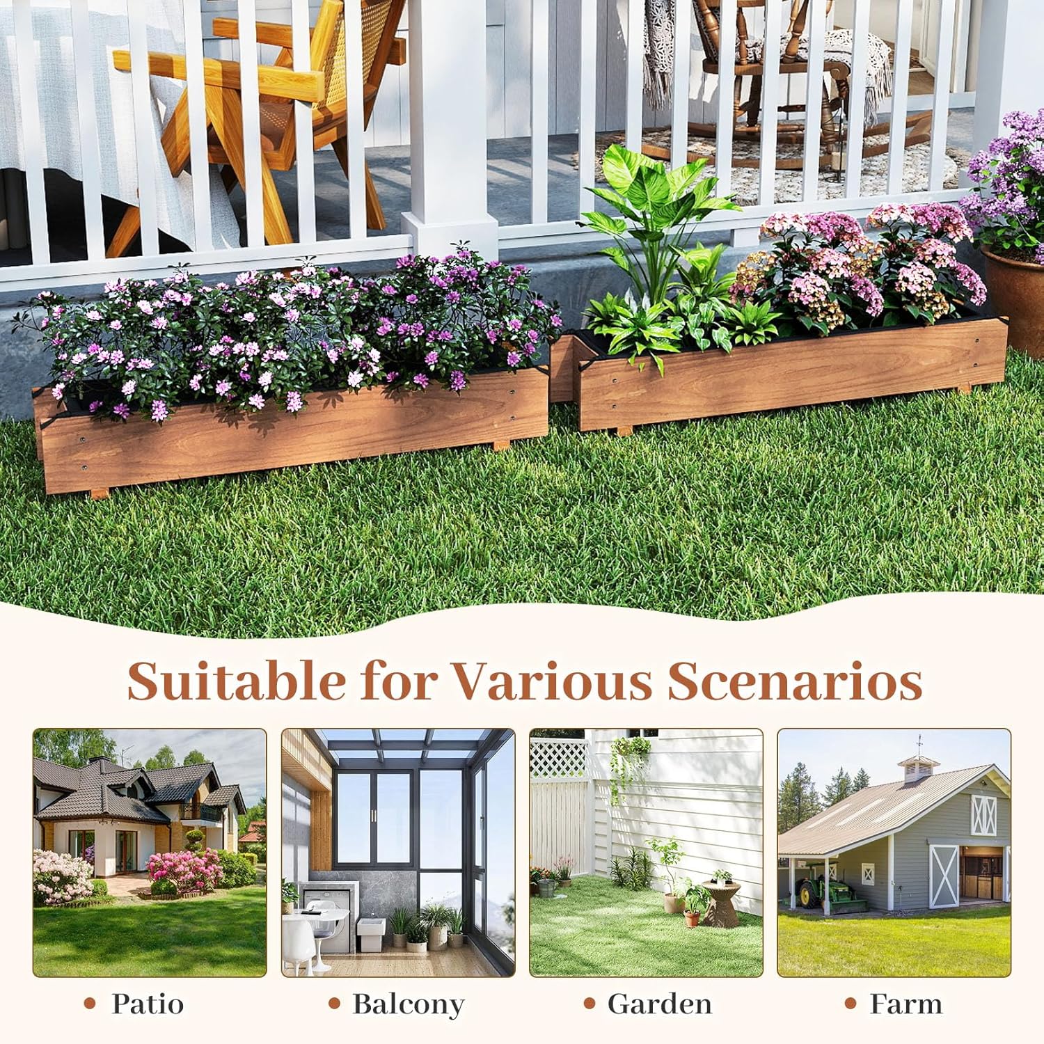 HAPPYGRILL Raised Garden Bed, Wood Flower Planter Box w/4 Drainage Holes, Black Liner for Containing Soil, Indoor Outdoor Wooden Plant Container for Backyard, Patio, Balcony (2,36" x 7" x 6.5")