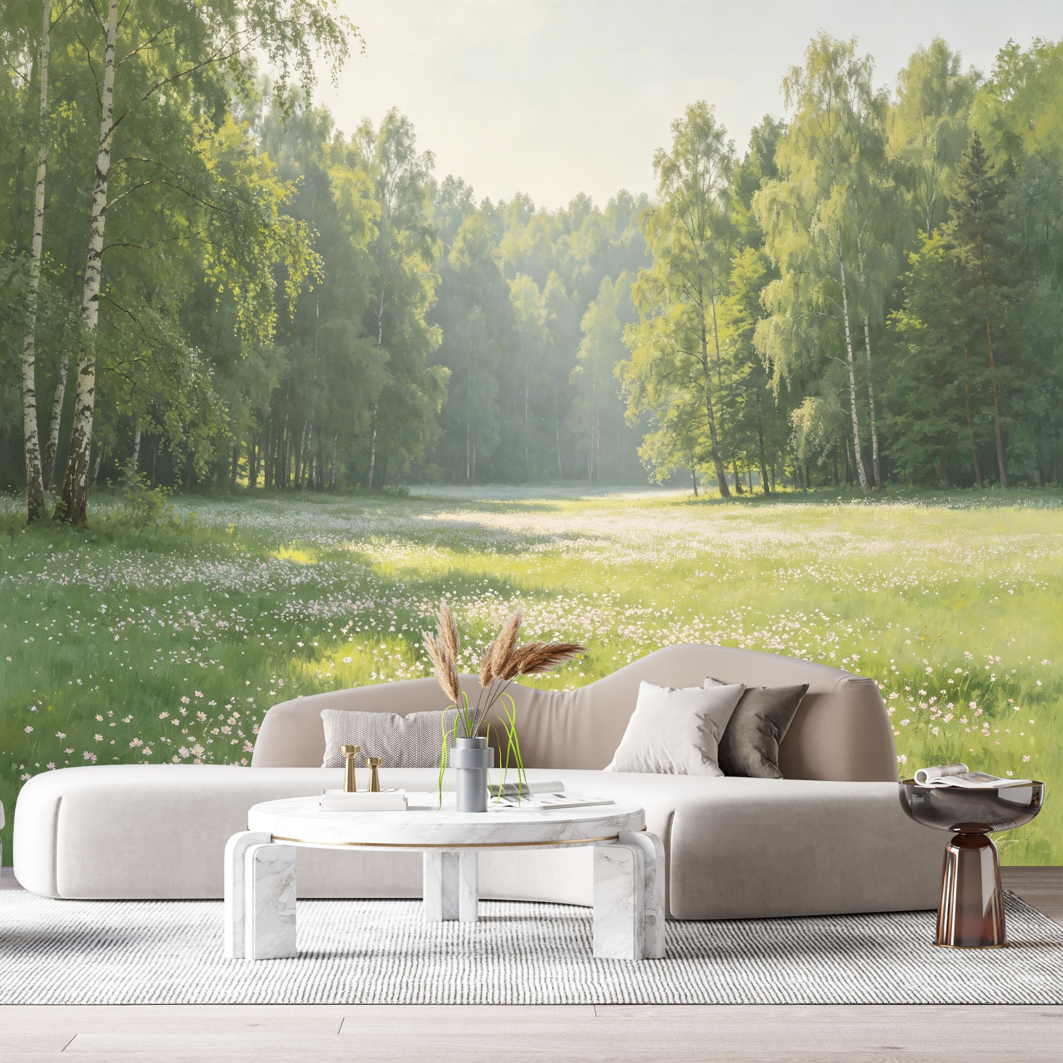 Custom Size Wall Murals Sunny Meadow Forest Landscape Botanical Birch Trees Wildflowers SelfAdhesive Wall Fabric Removable Large Wallpaper for Photo Living Room