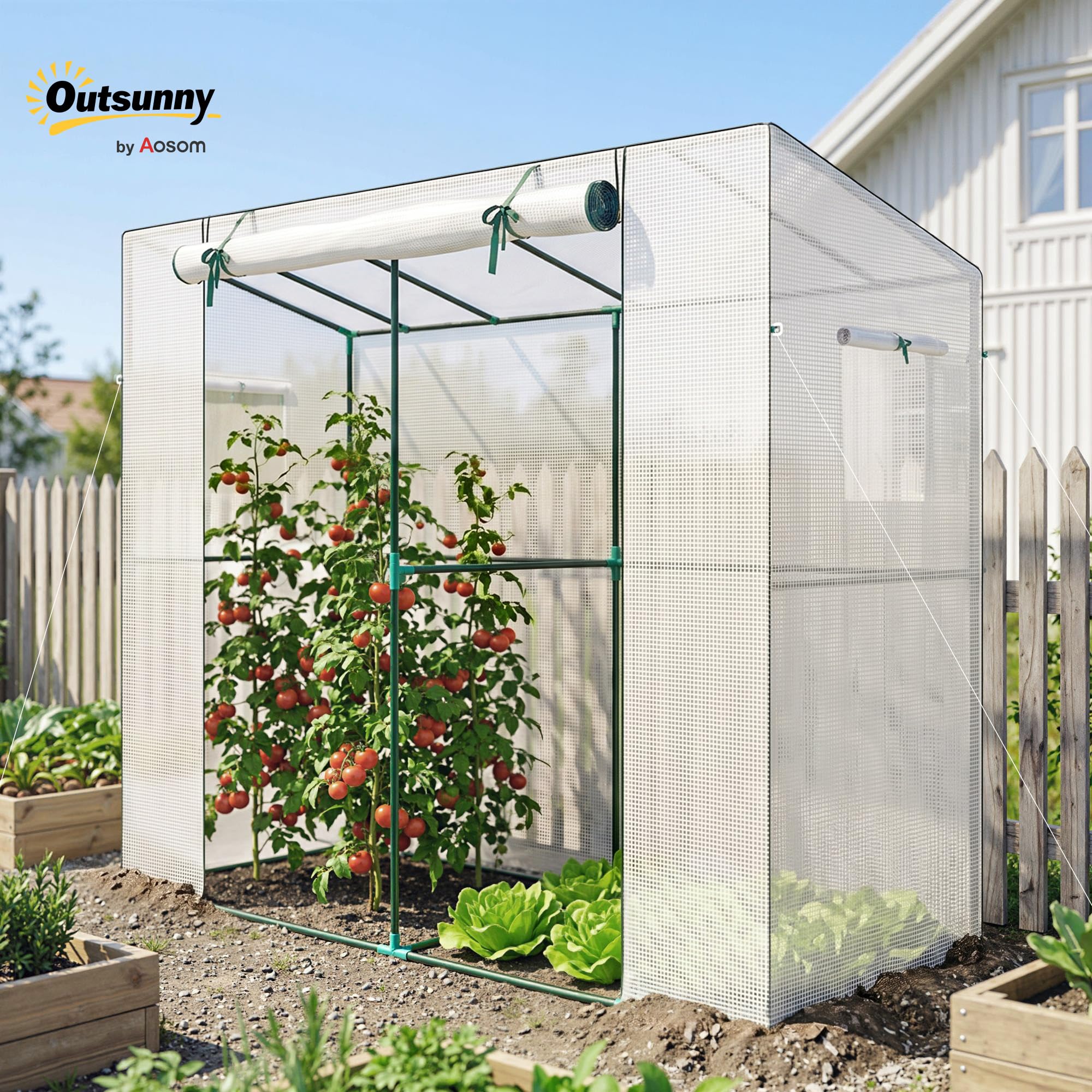 Outsunny Gewächshaus mit Rolltür 2 Fenster Winterfest 200x76x170cm Weiß | Foliengewächshaus aus Stahl, Treibhaus für Balkon Garten, Tomatenhaus mit UV Schutz, Tomatengewächshaus für Gemüse Blumen