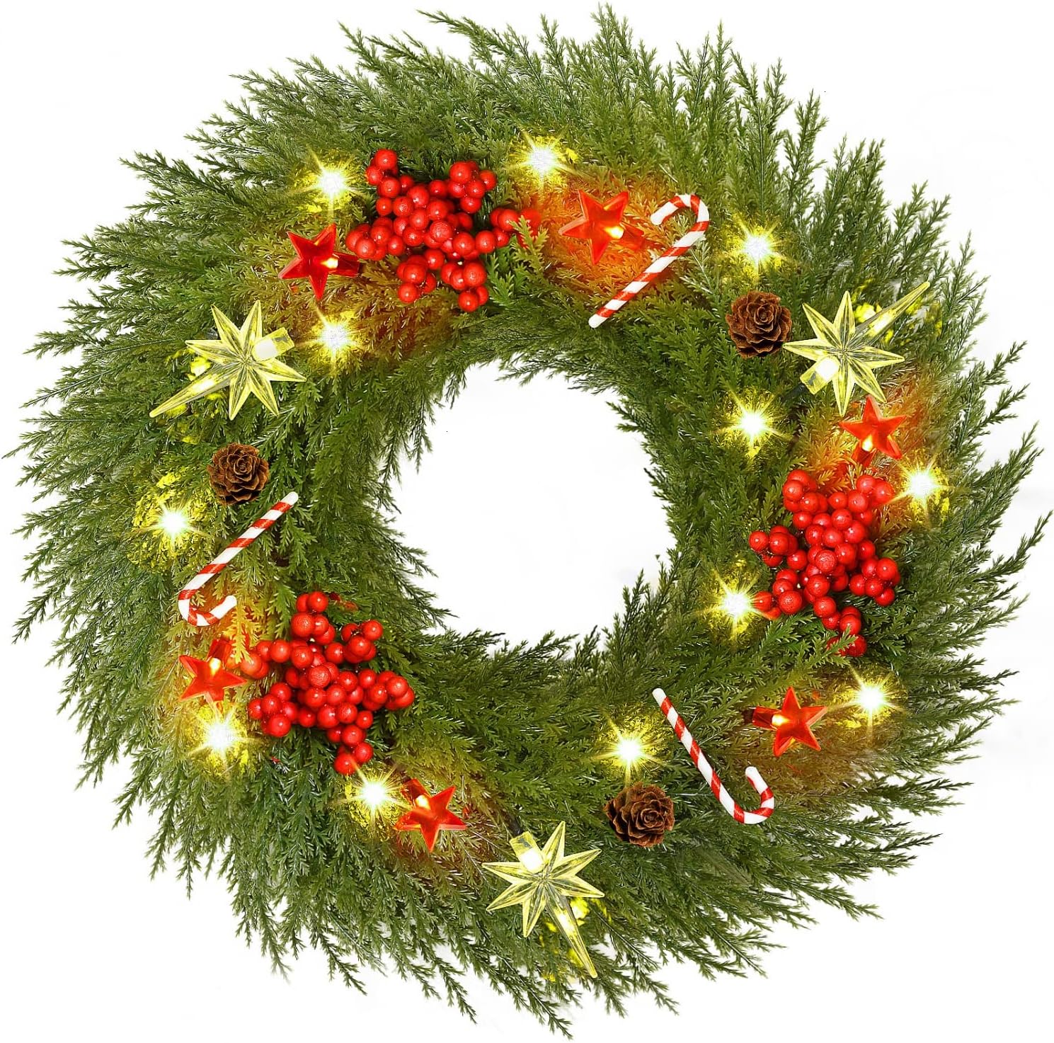 YoleShy Pre-lit Christmas Wreath for Front Door with Hanger 18" Battery Operated Christmas Wreath with Lights Red Berry Pine Cone Candy Cane, Christmas Decorations for Window, Wall Decor, Fireplace