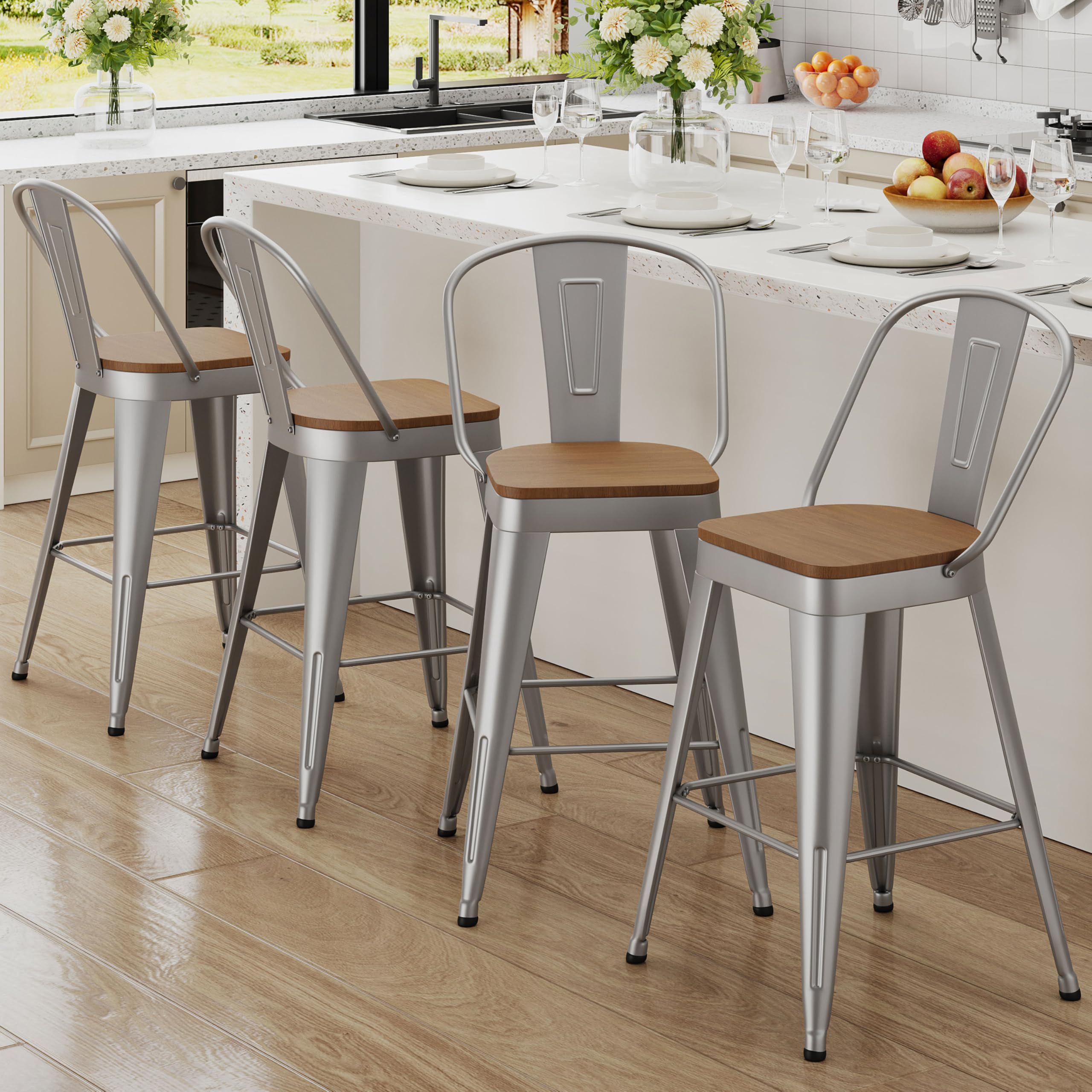 Andeworld Metal Bar Stools Set of 4, 26 inch Counter Height Barstools with Backs Farmhouse Modern High Back Bar Stools with Larger Seat Kitchen Dining