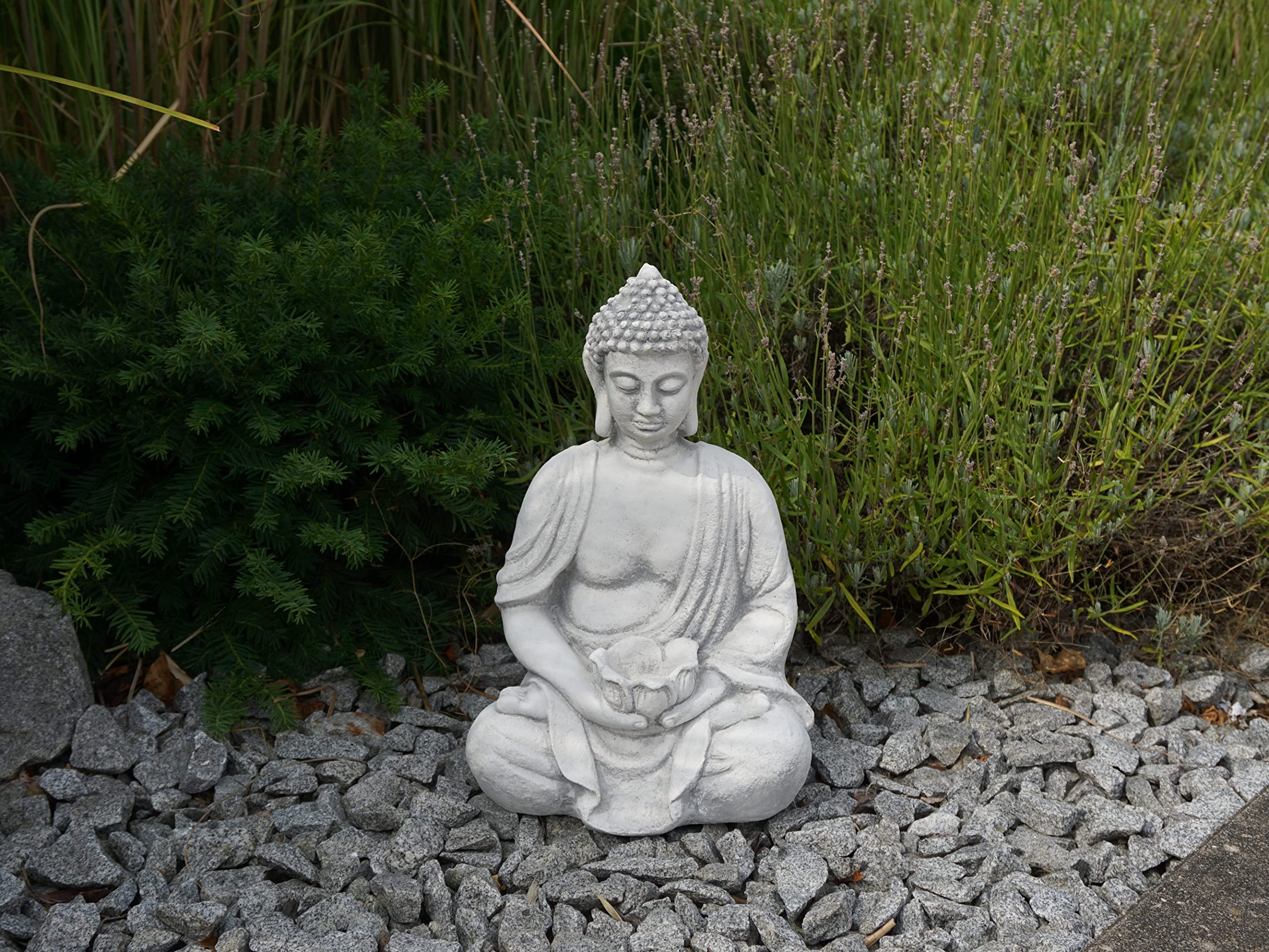 gartendekoparadies.de Buddha mit Schale, Steinfigur, H. 38 cm, 11 kg, Grau, frostsicher aus Steinguss für Außenbereich