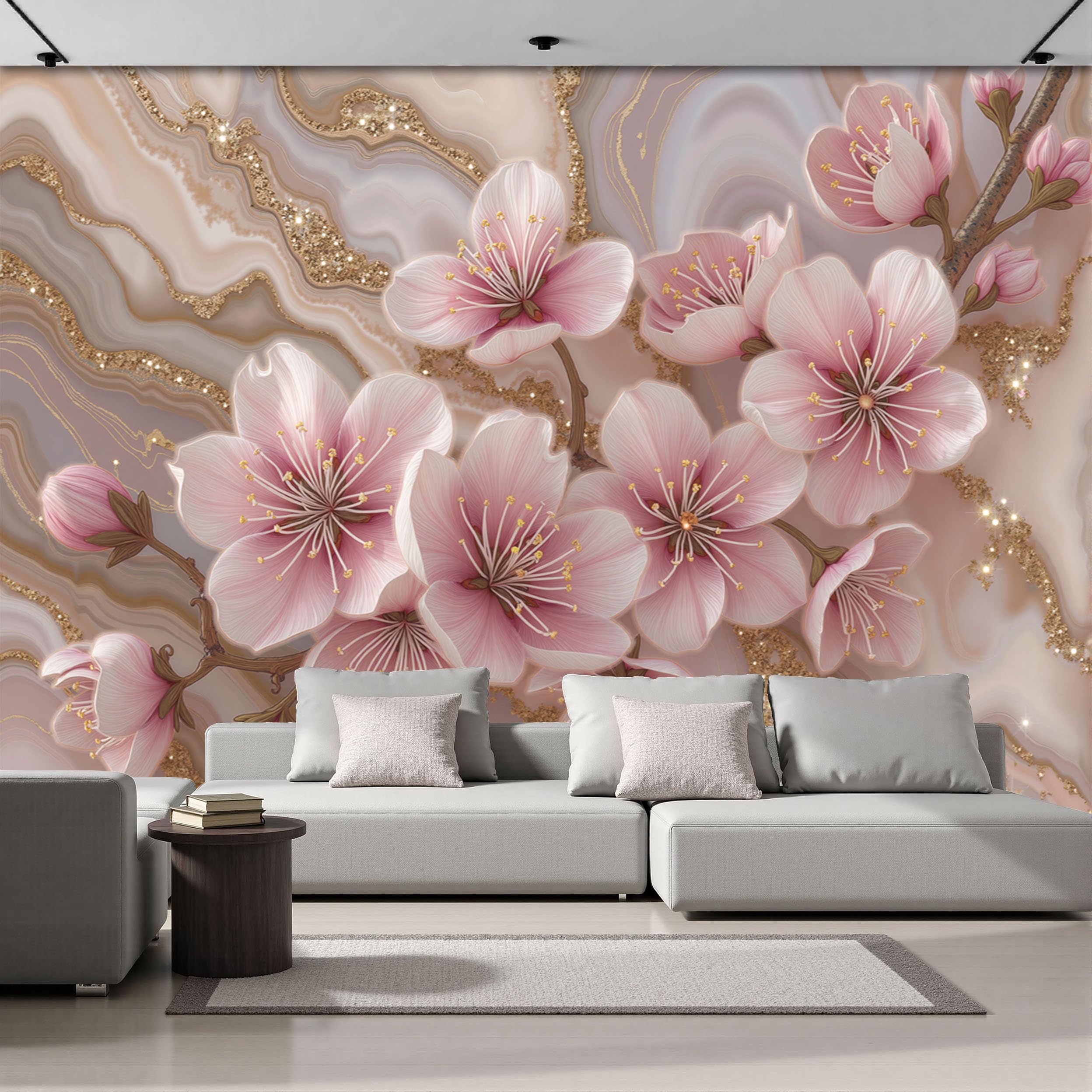 Papier peint panoramique 3D fleur de pêcher pour instaurer une ambiance douce et poétique