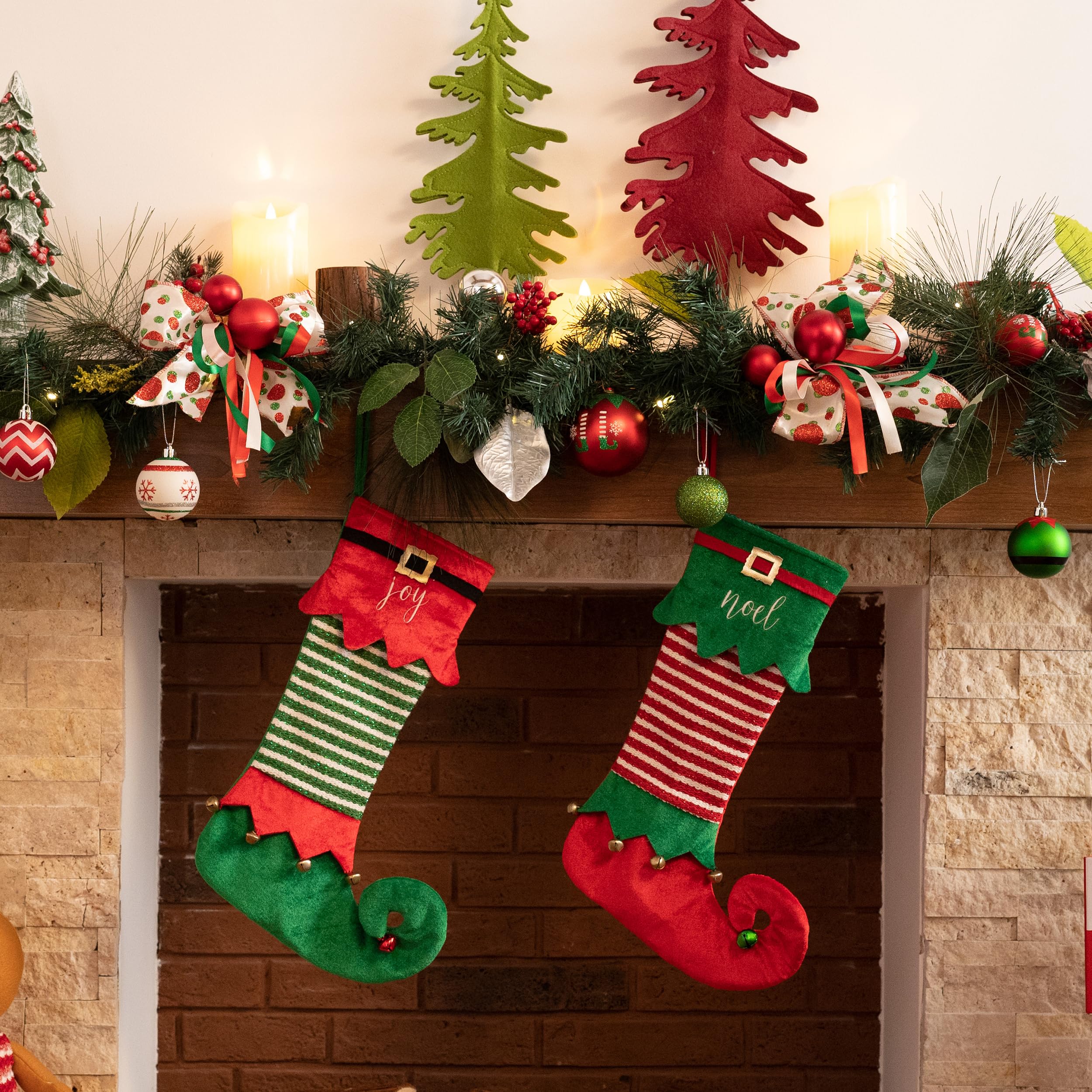 Chaussette De Noël Tricotée - 46cm Avec Patte Rouge Et Verte - Bas Décoratif Pour Cheminée, étagère, Sapin