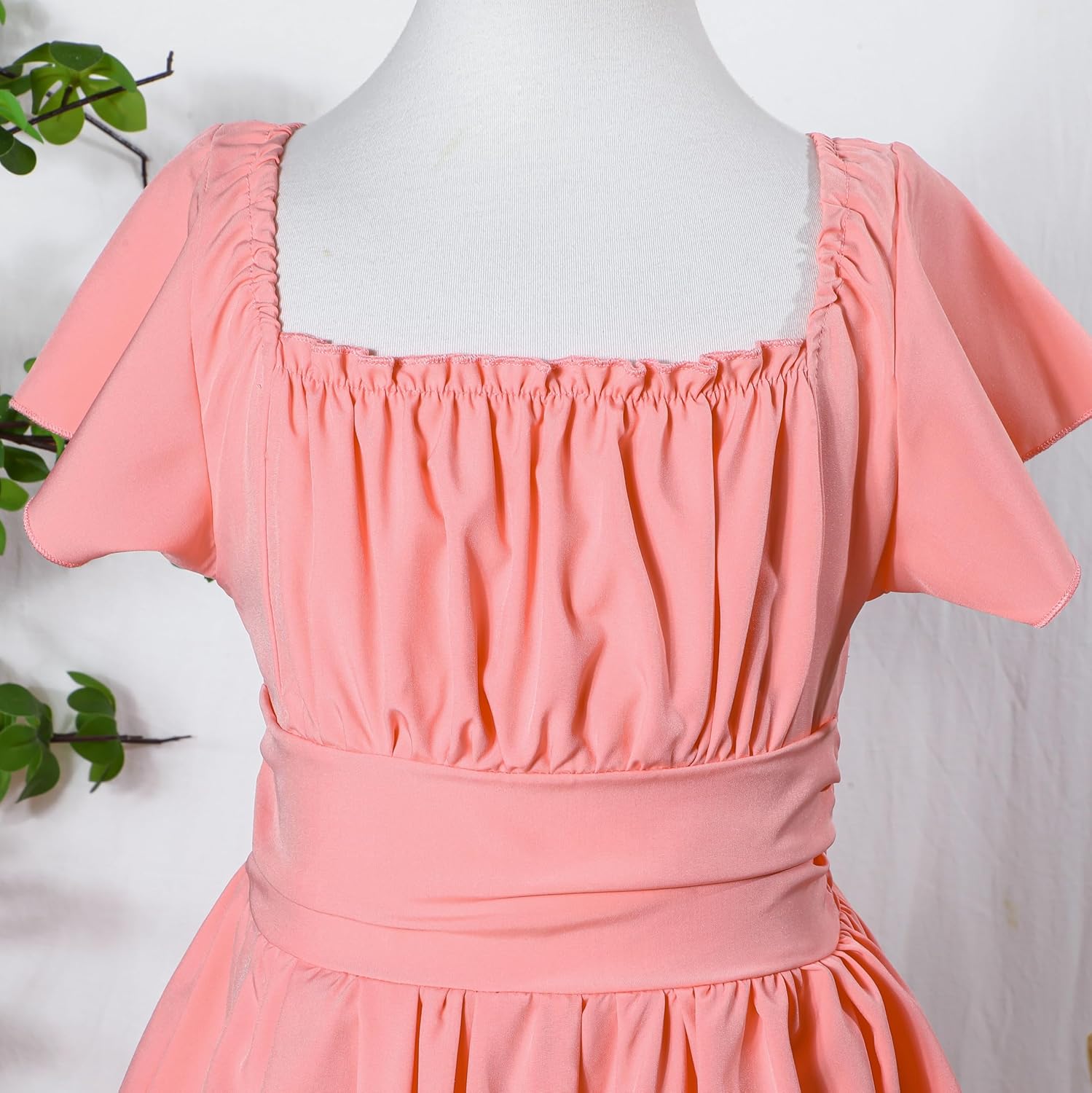 Magic Park 4-15Y Kid Flutter Sleeve Dress Square Neck Tie-Back Dresses Off Shoulder Dress Tween Girl Solid Color A-line Skirt - Image 3