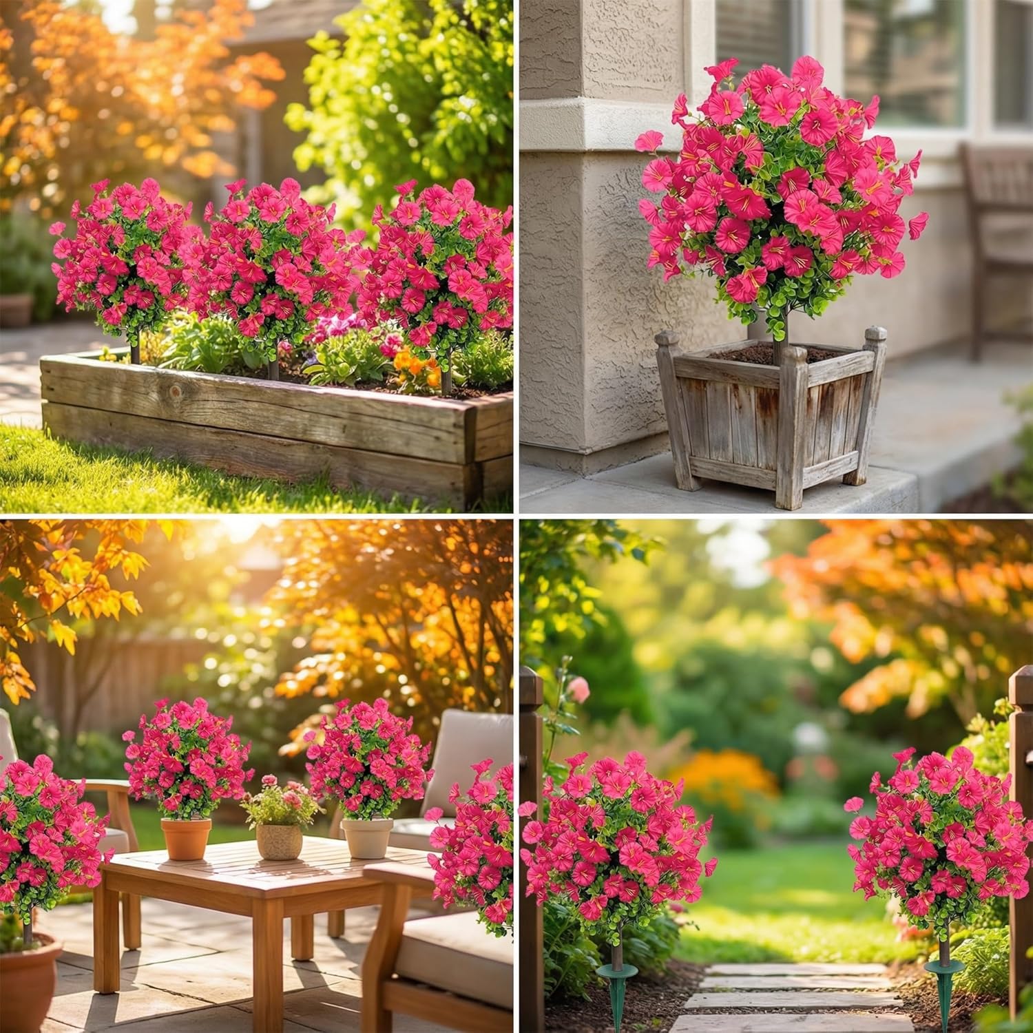 Outdoor Artificial Topiary Trees: 2-Pack Fake Bushes with UV Resistant Faux Petunia Ball & Ground Spike. Ideal for Artificial Bushes for Outdoors Use on Porch and Garden Decor(Rose Color)