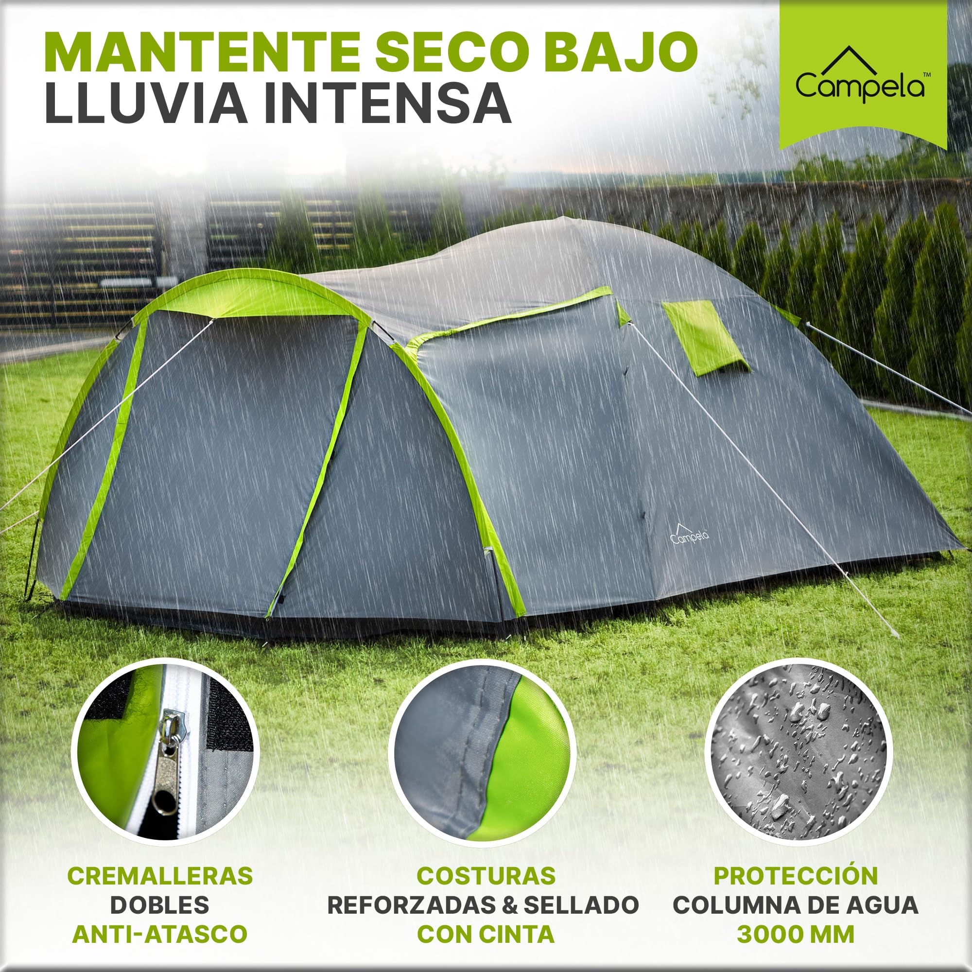 Tienda de Campaña, Tienda campaña Familiar - Tienda de campaña 4 Personas, Modelo Tropical-4", Impermeable 3000m, Costuras Selladas, CA0013