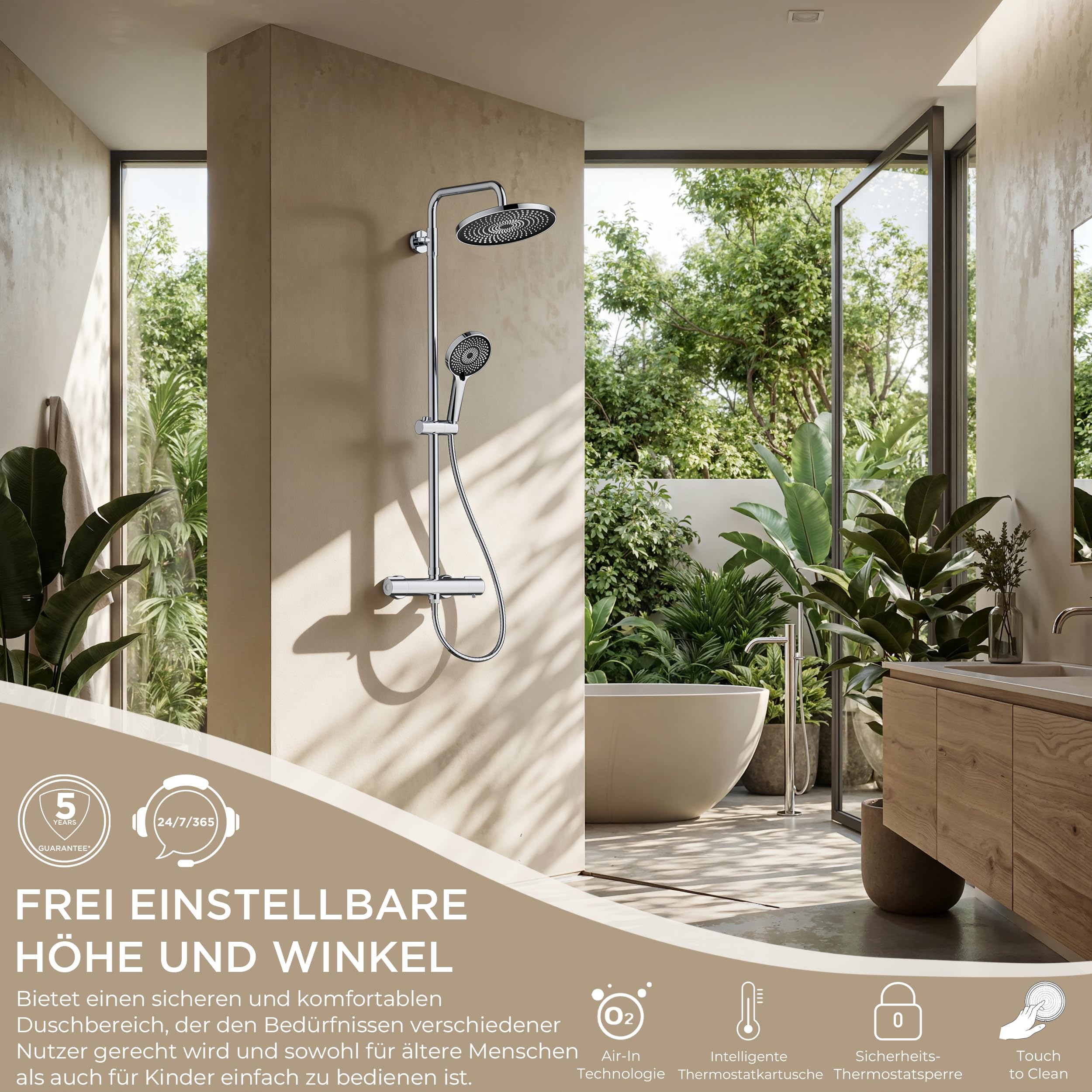 FORIOUS Duschsystem mit Thermostat – 3-in-1 Duscharmatur Komplettset mit Verbessertem Thermostatventil, 25 cm Runde Regendusche, 90–125 cm Höhenverstellbare Duschstange & 3-Strahl Handbrause