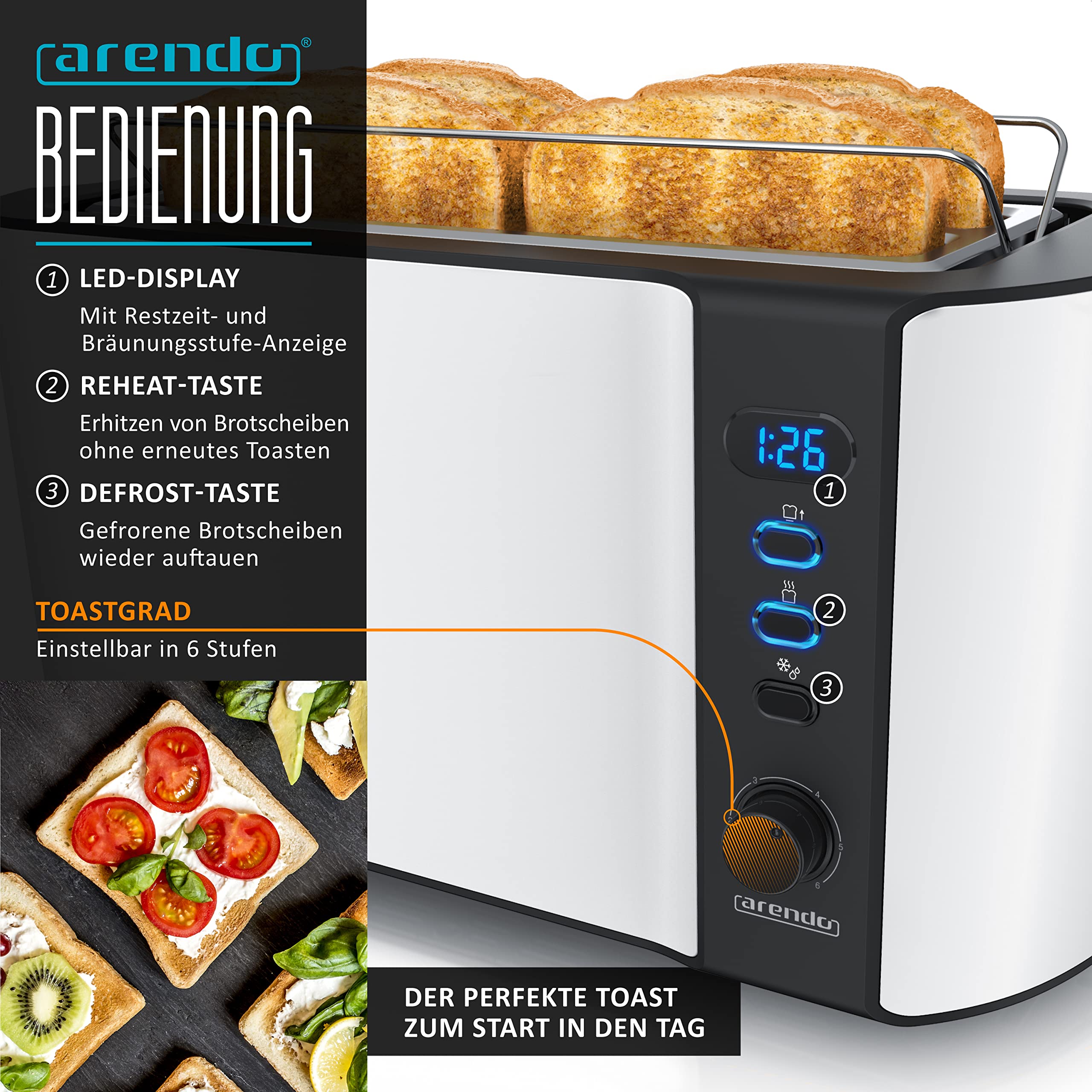 Arendo Wasserkocher mit Toaster SET Edelstahl Weiß matt 1,5L 40-100°C Warmhaltefunktion 4 Scheiben LED-Display 6 Bräunungsgrade