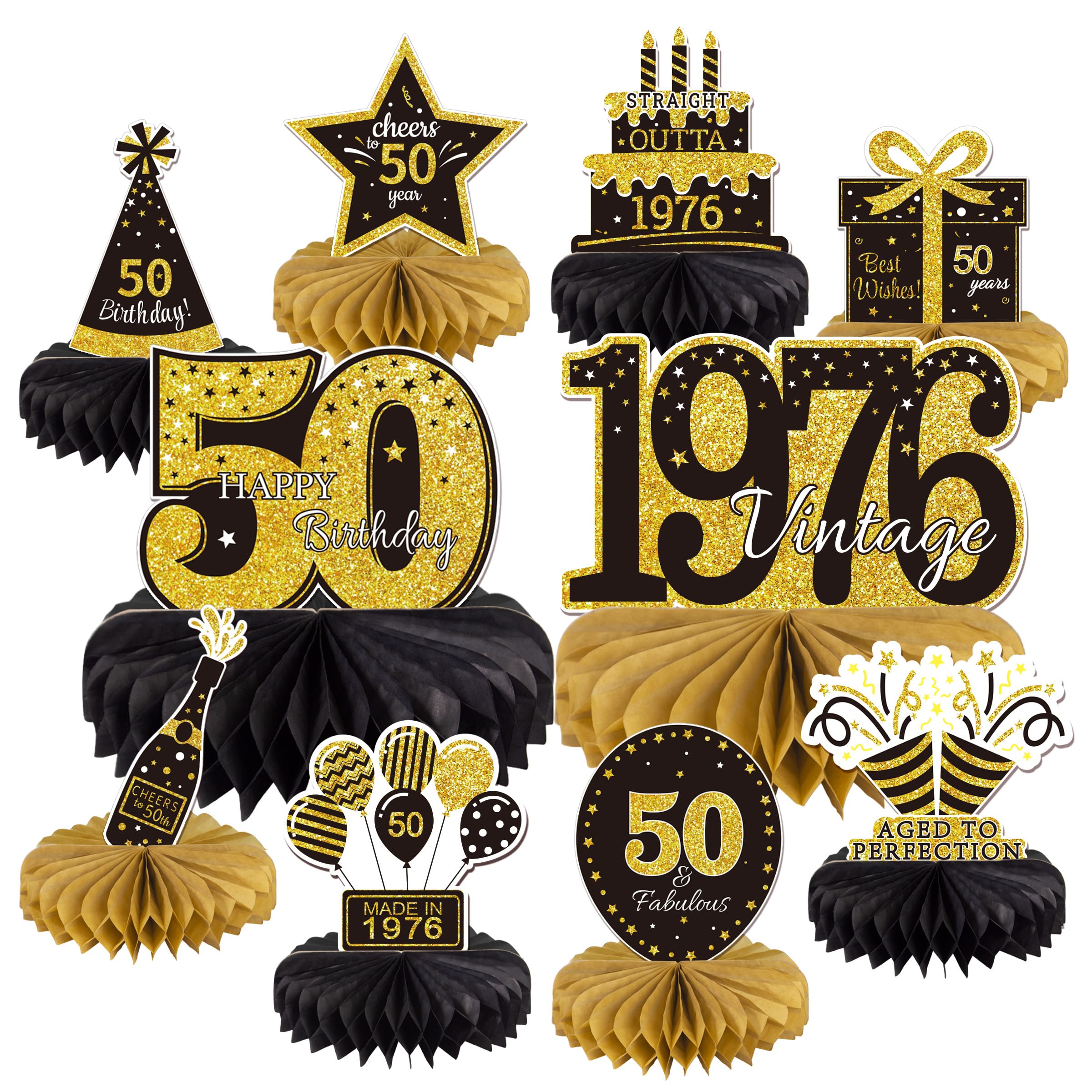 10PCS 50th Birthday Decorations Centerpieces for Table Decorations, 2026 Vintage 1976 Honeycomb Table Topper Back in 1976 Birthday Party Decoration for Men and Women (Gold &amp; Black, 50 Years)