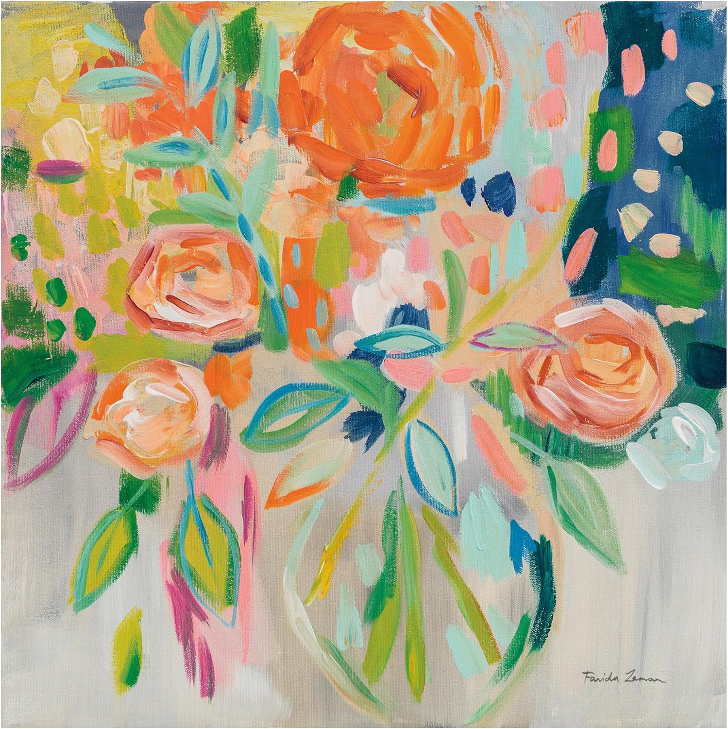 Wrapped Canvas Wall Art - Farida Zaman 'Summer Orange Floral' Wall Art for Living Room, Bedroom, or Office Décor - 35x35