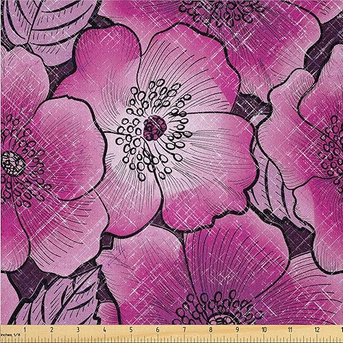 Ambesonne Poppy Fabric by The Yard, Retro Wave Colors Flowers Vintage with Dreamy Petals and Leaves Print, Microfiber Fabric for Arts and Crafts
