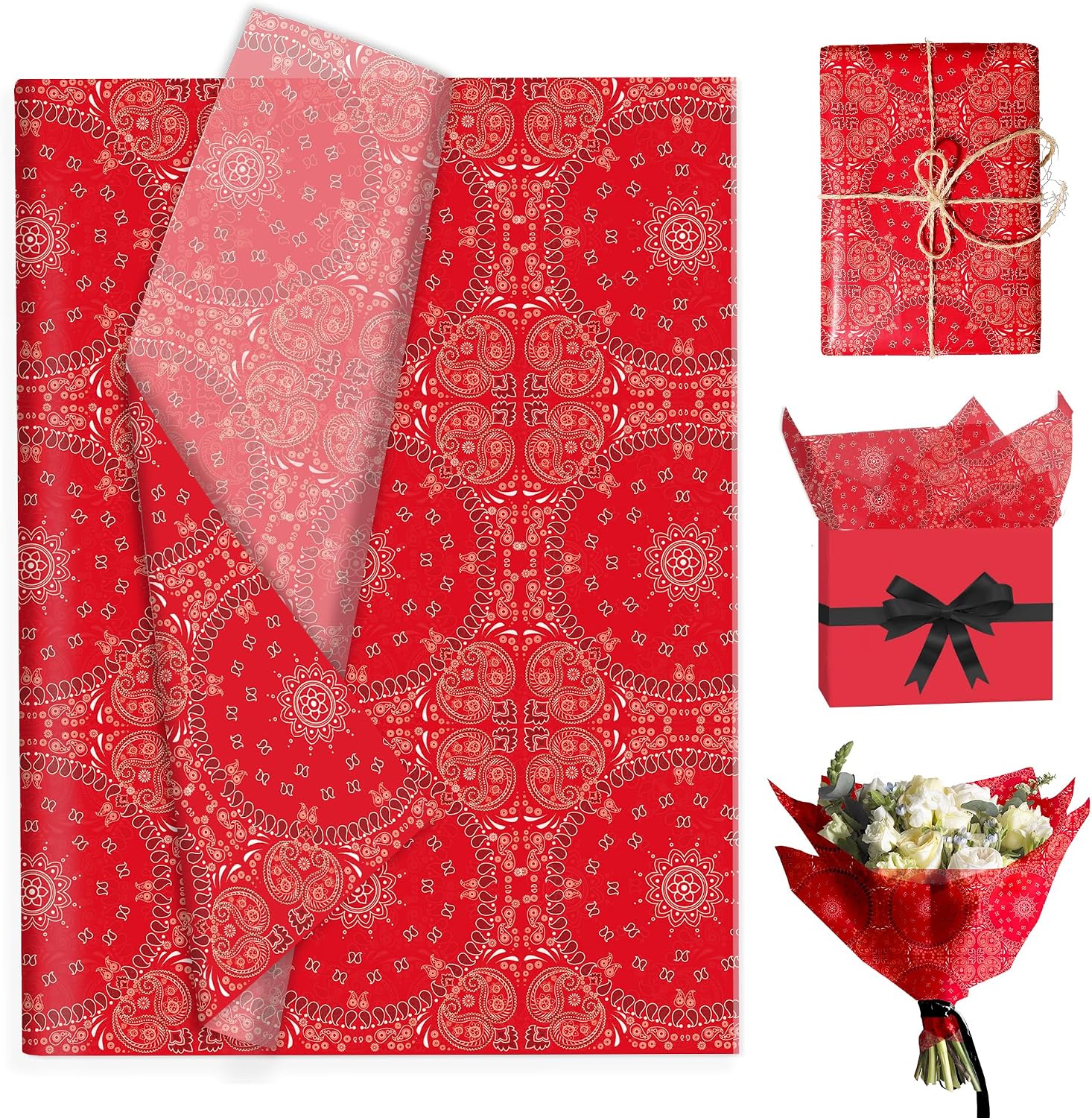 DodelyGz Paisley Pattern Tissue Paper, Red Gift Wrapping Paper for Presents, Crafts, Party Favors, Decorative Packaging, 60 Sheets, 13.8x19.7 Inch