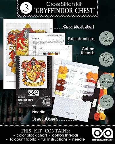 Miniatura 6 de Juego de 5 piezas de punto de cruz "Hogwarts Howses Crest", kits de bordado con diseño de símbolo de la escuela de brujería y magia