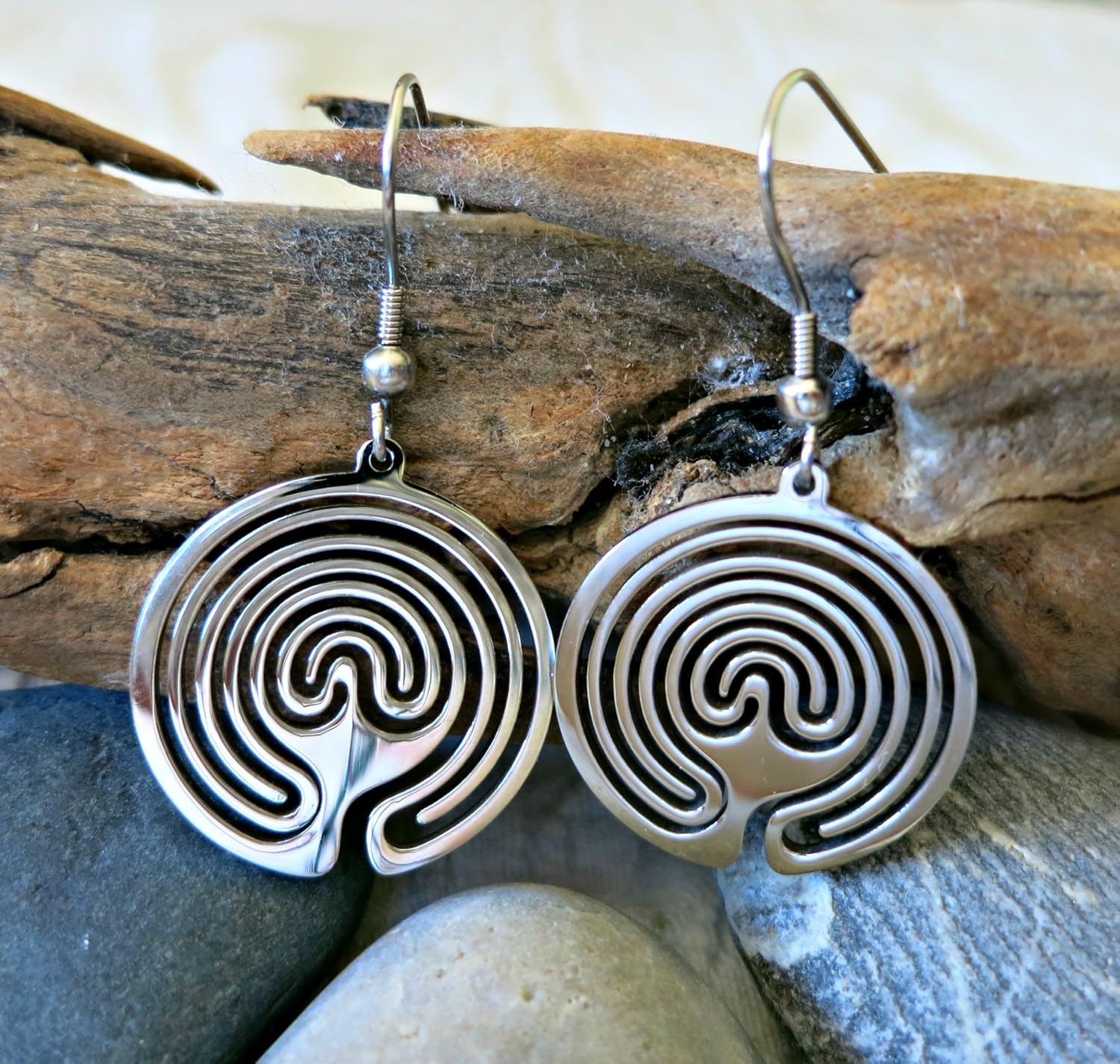 Silver Dangle Earrings with Designer Drop Finger Labyrinth Cut Out Pendant, Hypoallergenic Fish Hook for Women & Girls with Sensitive Ears, Bonus Rubber Backs + LabyrinthLady Coloring BookA Gift Idea