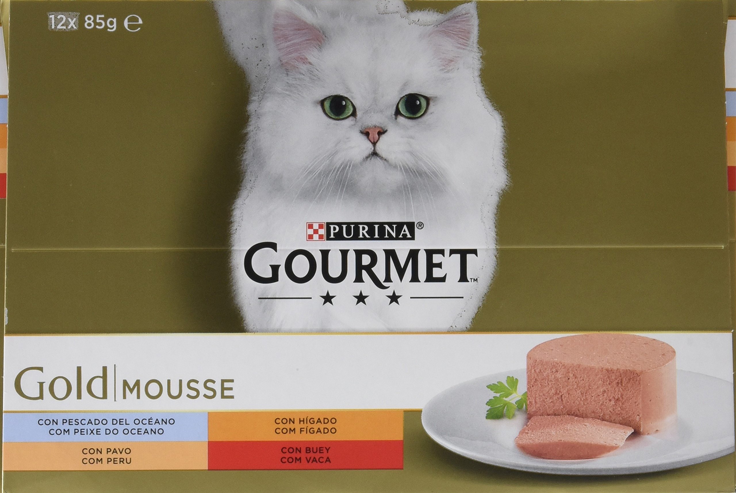 Gourmet Purina Gold Mousse, Comida Húmeda para Gato Pack Surtido, 8 Packs de 12 latas 85g - 96