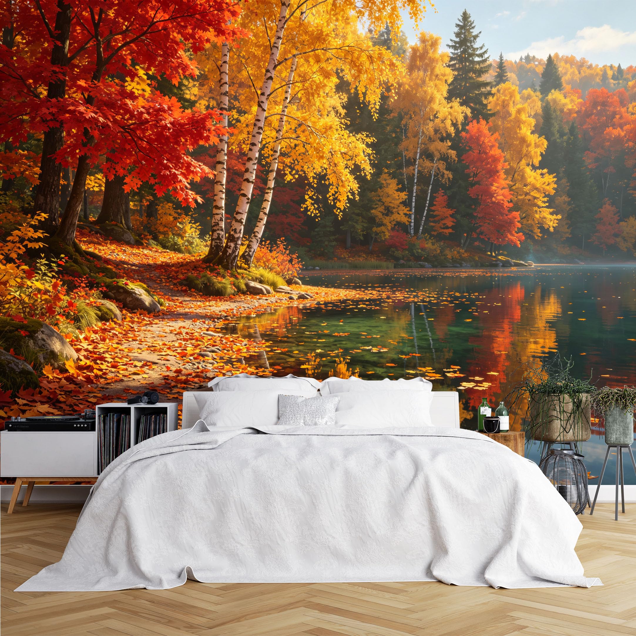 Lcythiazole Ch260615060 Custom Size Wall Murals Autumn Birch Maple Lake Reflection Scene Wall Murals Large Photo Wallpaper Self-Adhesive Removable Wallpaper For Lodge Living Room