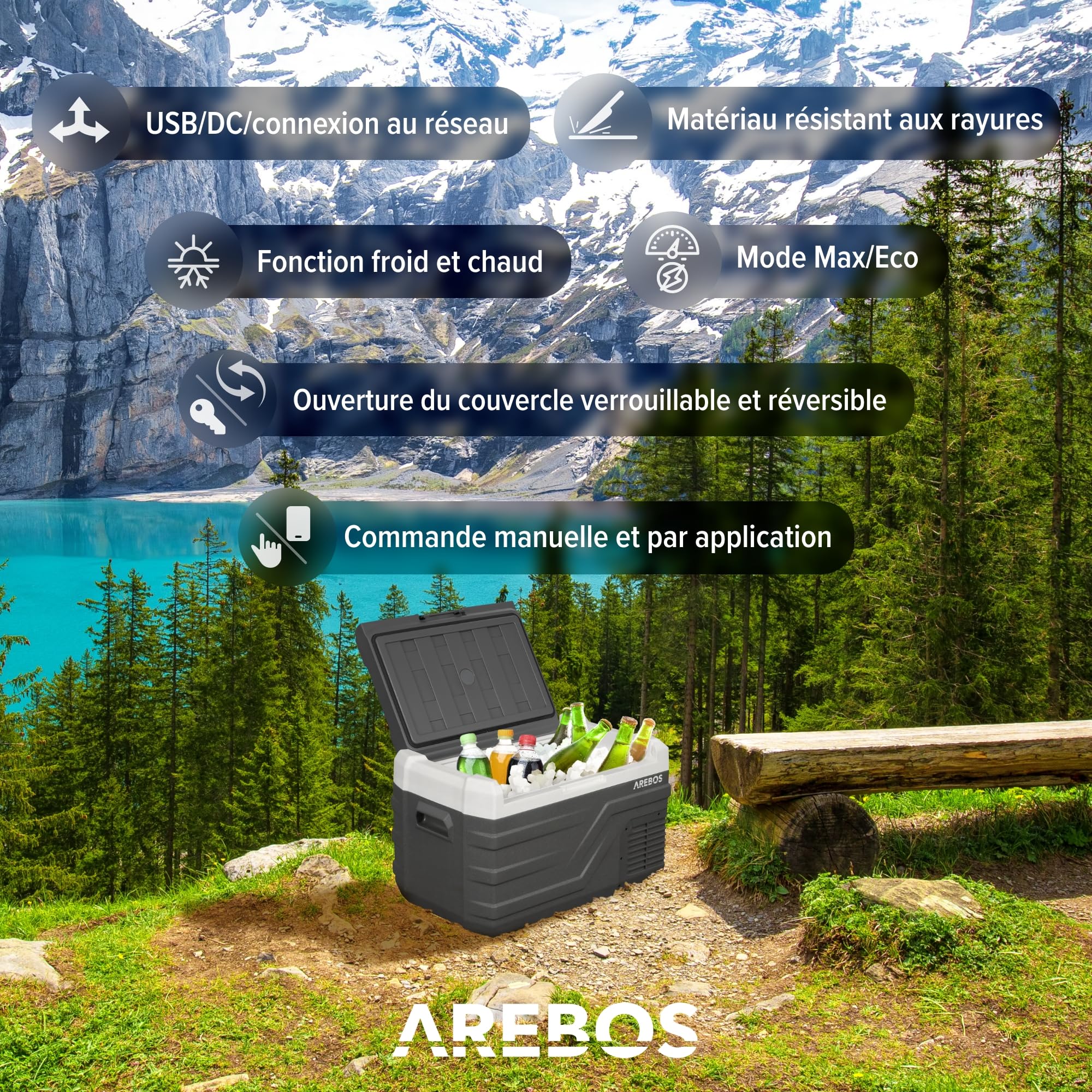 Arebos Glacière à compresseur 26 L | Réfrigérateur & congélateur Portable Jusqu’à -20 °C | Application & Commande Intelligente | 12/24V & 230V | USB | pour Voiture, Camion, Bateau, Camping-Car