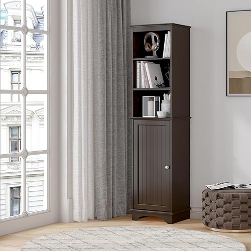 Miniatura 2 de Spirich Gabinete de almacenamiento independiente con estantes de tres niveles gabinete alto y delgado torre de lino independiente espresso