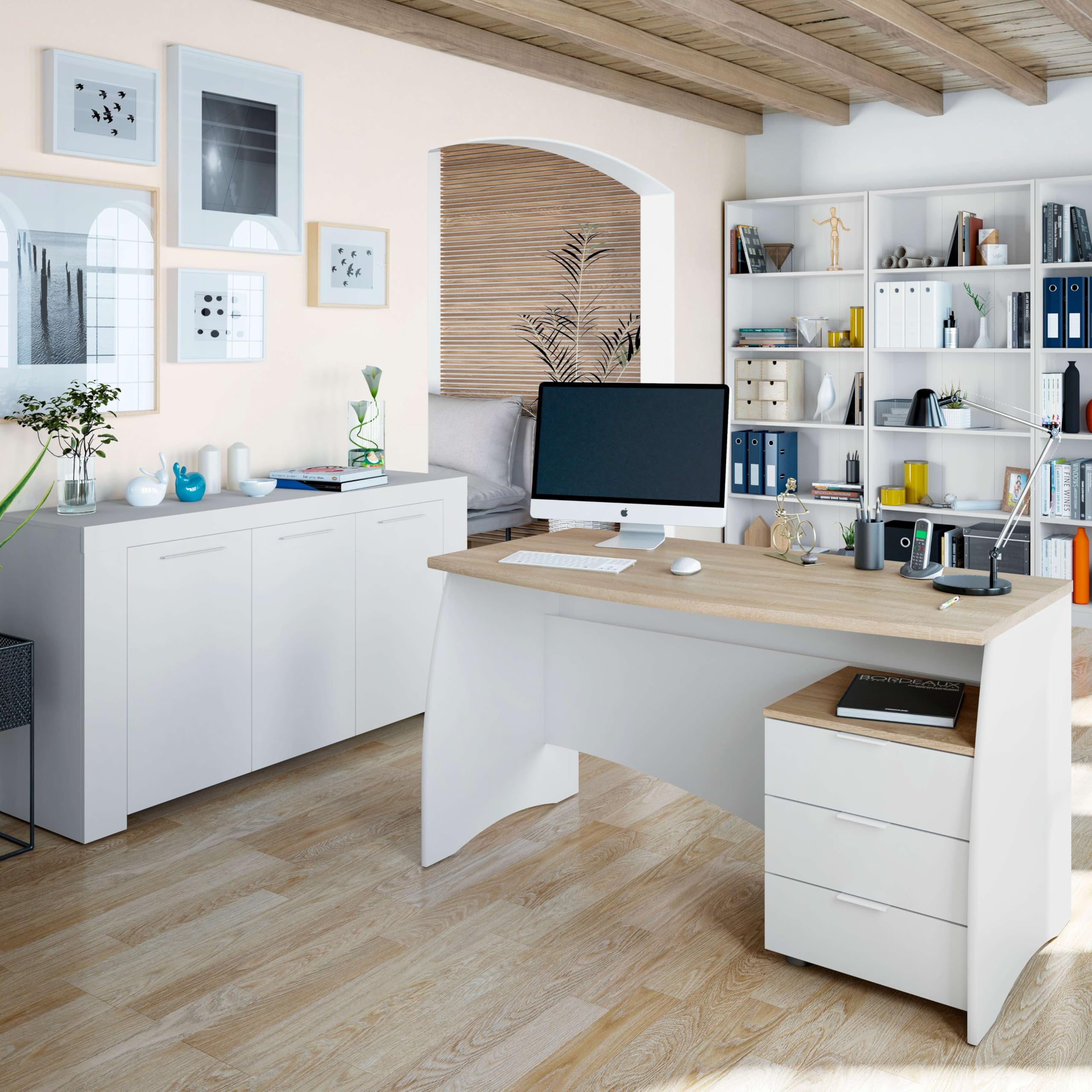 Habitdesign Tavolo da ufficio con 3 cassetti, tavolo da ufficio o studio, modello Stil, finitura in Balnco Artik e Rovere Canadian, dimensioni: 136 cm (larghezza) x 67 cm (fondo) x 74 cm (altezza)