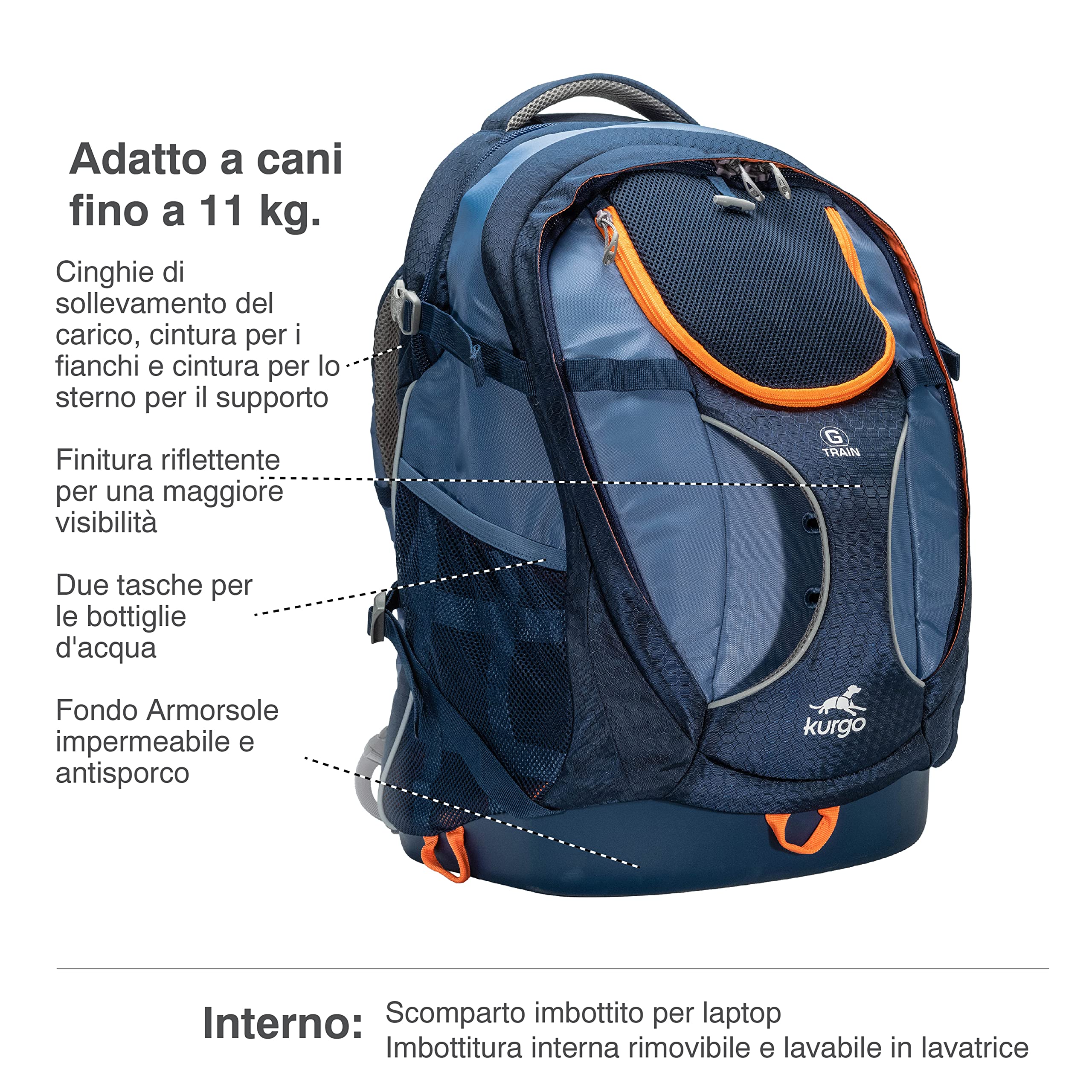 Kurgo G-Train zaino trasportino per cani e gatti, approvato dalle compagnie aeree, per i viaggi o l'escursionismo, fondo impermeabile, cinghia di sicurezza interna, supporta fino a 11,33 kg, Blu navy