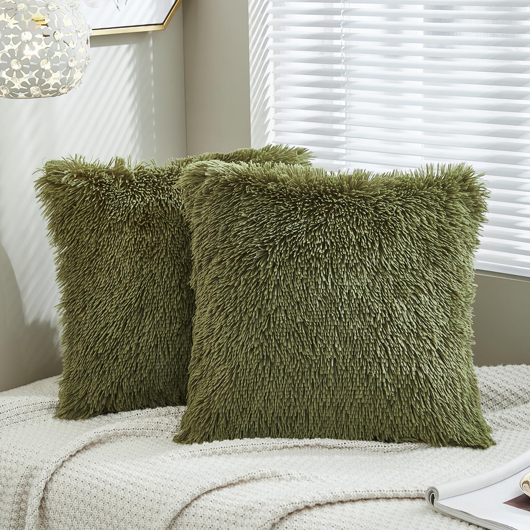 JAUXIO Set of 2 Long Faux Fur Soild Decorative Pillowcase Fluffy Throw Pillow Cover Velvet Shaggy Plush Cushion