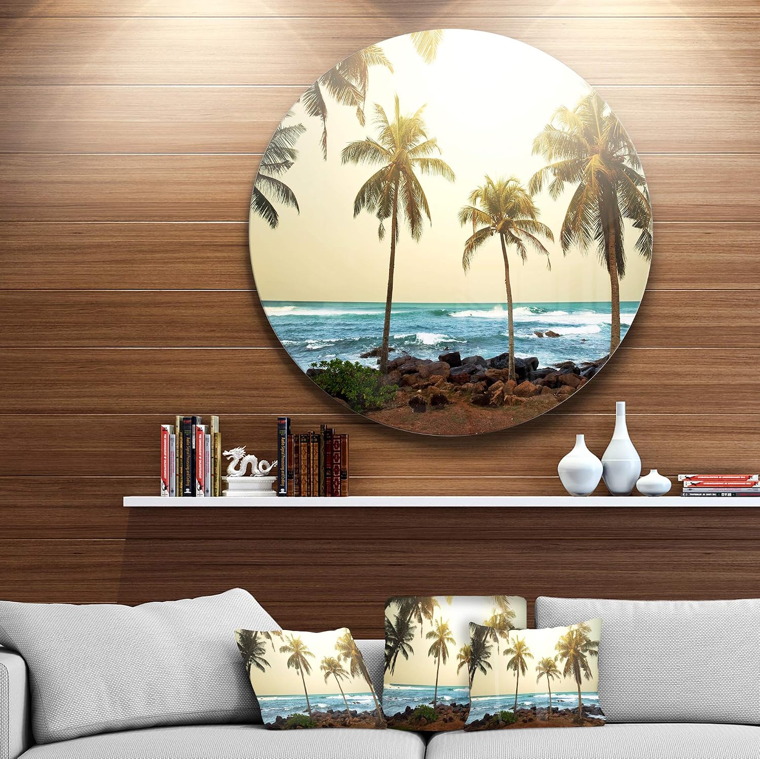 Rocky Tropical Beach with Palms Round Metal Wall Art – 23×23 Inch Glossy Green and Blue Coastal Aluminum Print – Modern Seashore Artwork for Living Room, Bedroom, Dining Room, or Bathroom Décor