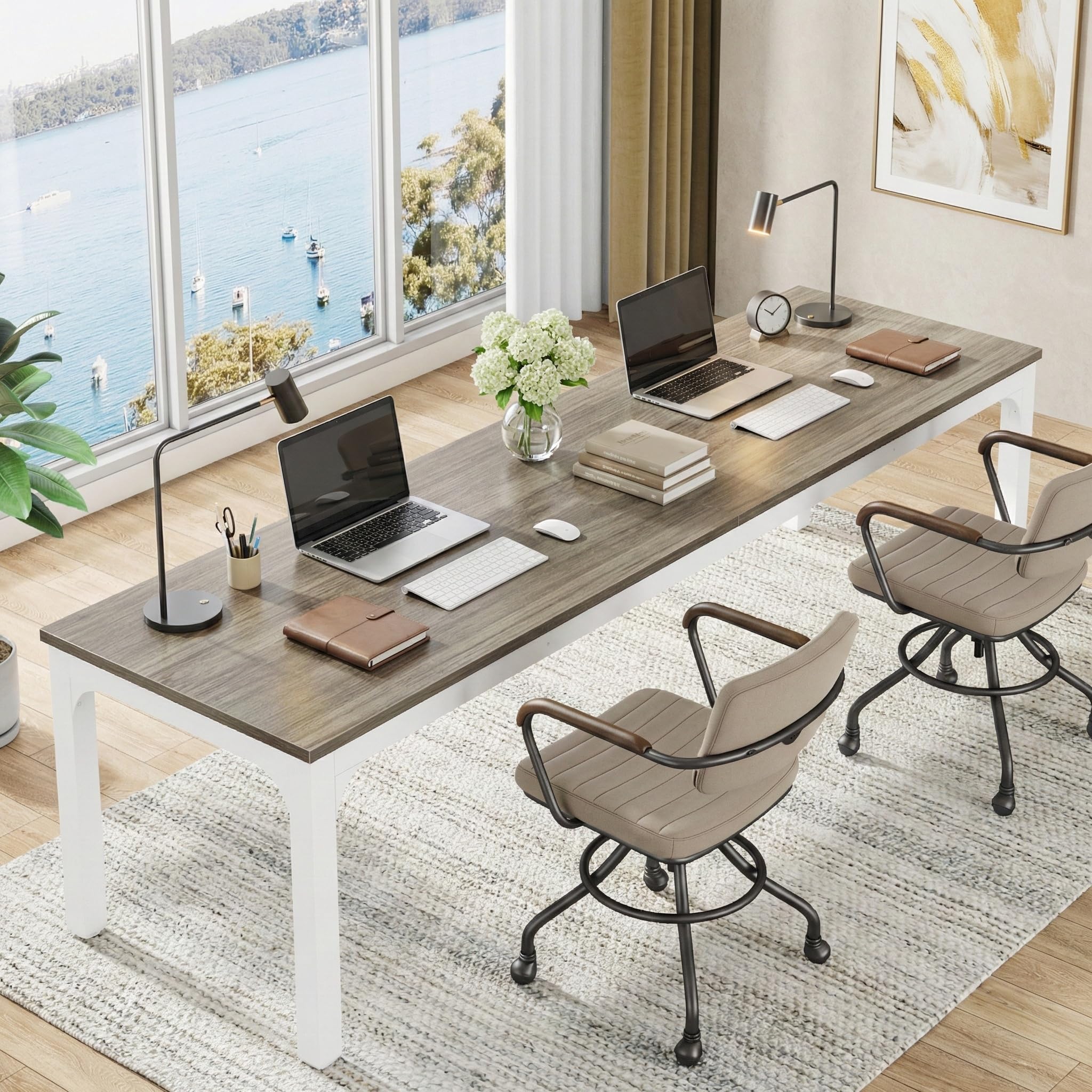 Lailang 200cm Scrivania, Workstation Per Due Persone, Scrivania In Legno Rovere, Tavolo Ufficio Riunioni, Scrittoio Pc Gaming, Scrivania Bianca Lunga, 200 x 70 x 75 cm, Rovere Bianco