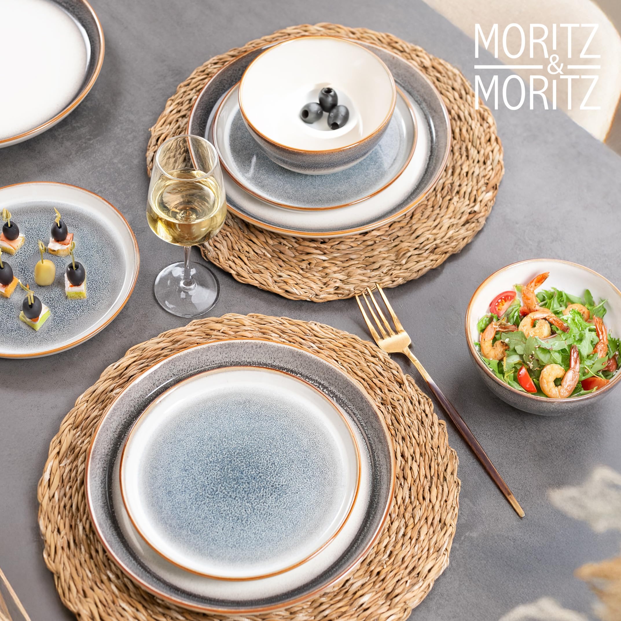 Moritz & Moritz TARENTO 48-tlg. Geschirrset 12 Personen Grau - Elegantes Teller Set aus hochwertigem Steinzeug - Geschirr Set aus 12x Dinnerteller, 12x Dessertteller, 12x Suppenteller & 12x Tassen
