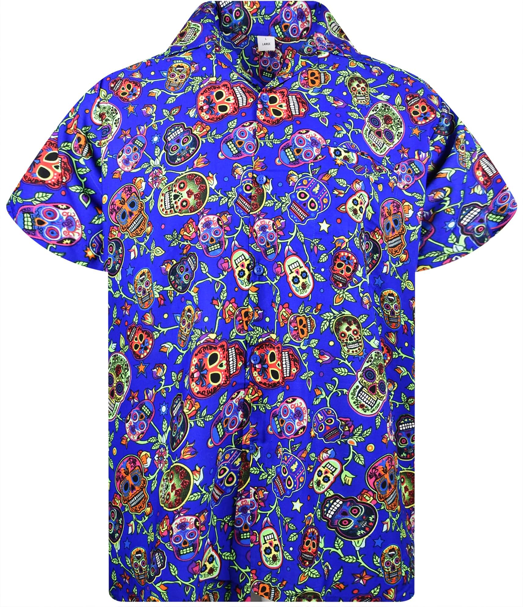 KING KAMEHAHawaiian Shirt Men Funky Casual Button Down Shortsleeve Unisex Halloween Day of The Dead Party Skulls Print New