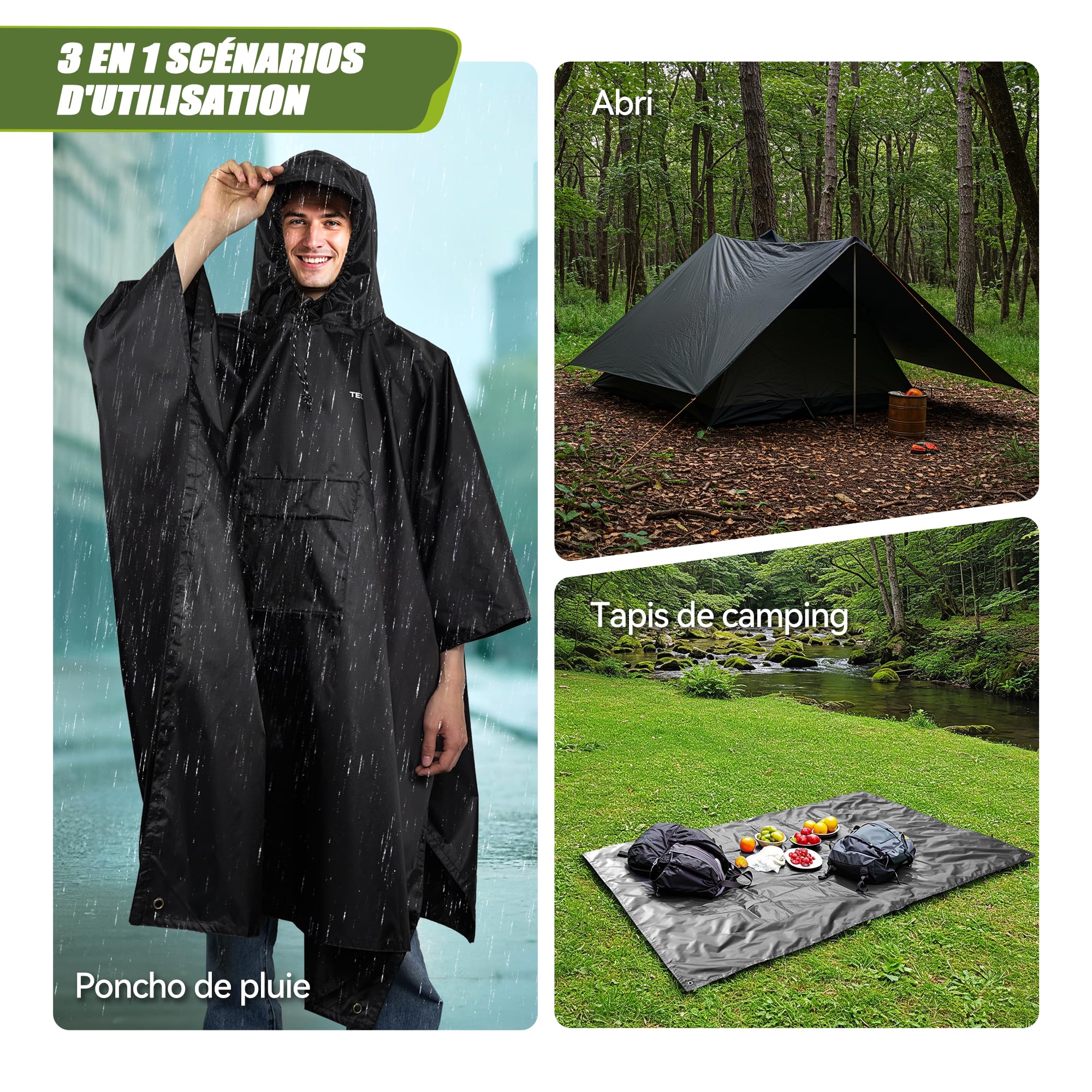TechRise Poncho de Pluie Imperméable Unisexe à Capuche | Ultra-léger compact en EVA réutilisable, multifonction pour randonnée, camping, pêche et cyclisme
