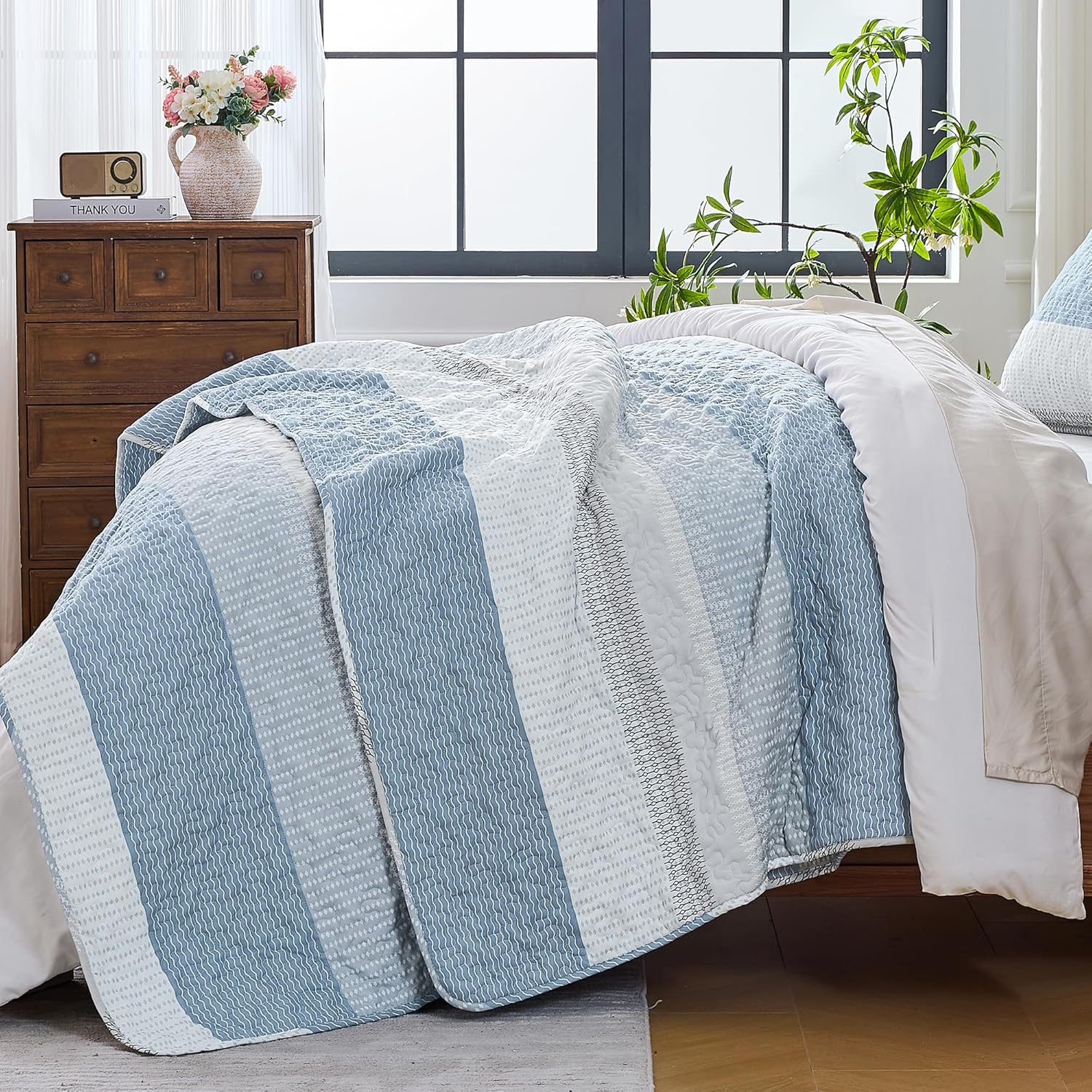 Andency King Size Quilt Set Misty Blue, 3 Pieces Summer Ultra Soft Lightweight Bedspreads & Coverlets Set, Patchwork Striped Quilted Bedding Sets for All Seasons (1 Quilt, 2 Pillow Shams) - Image 2