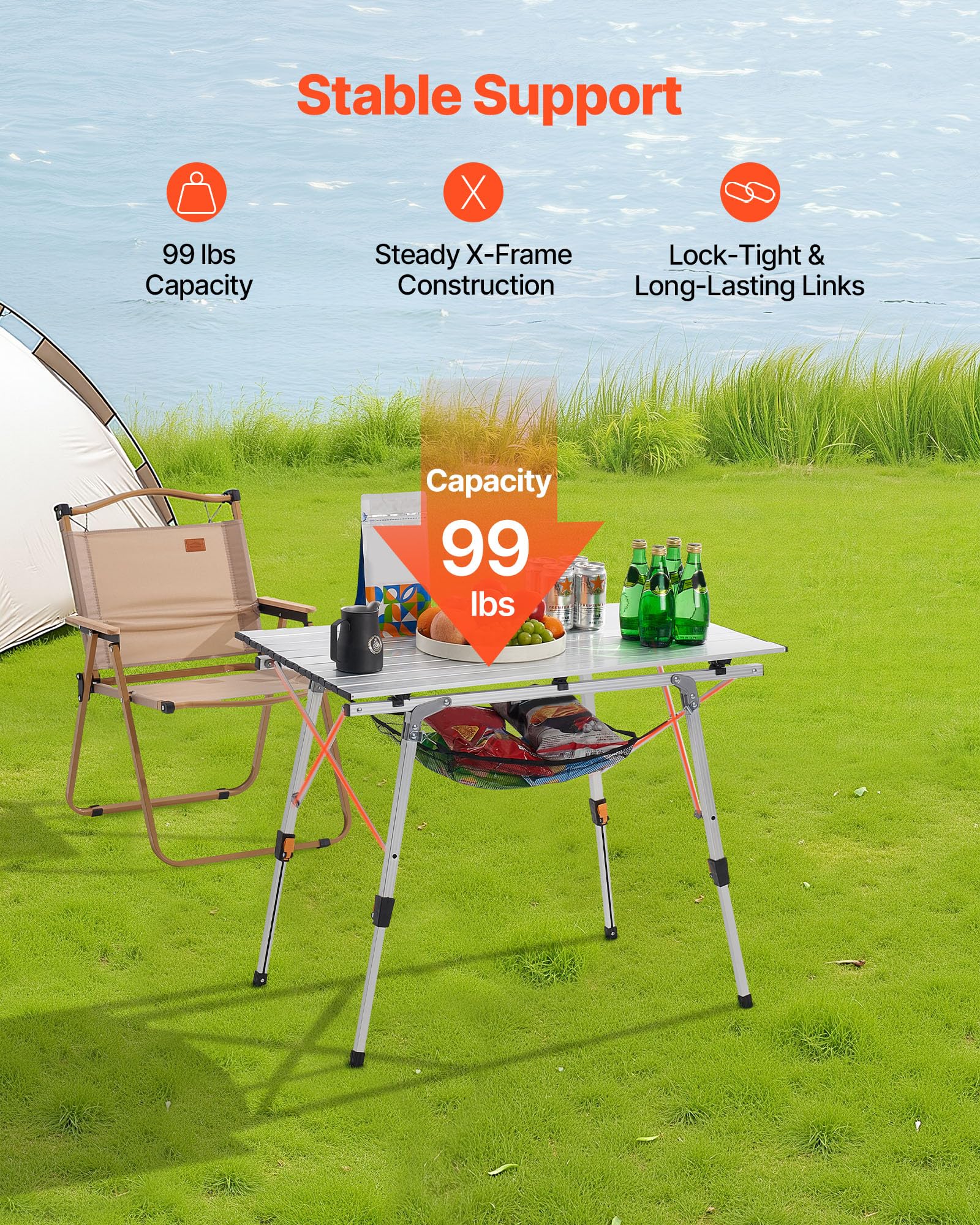 VEVOR Table de Camping Pliante Enroulable 90x52 cm, Table d'Appoint Portable en Aluminium, avec Hauteur Réglable, Couche en Maille et Sac de Transport, pour Cuisine en Plein Air, Pique-Nique, Argent