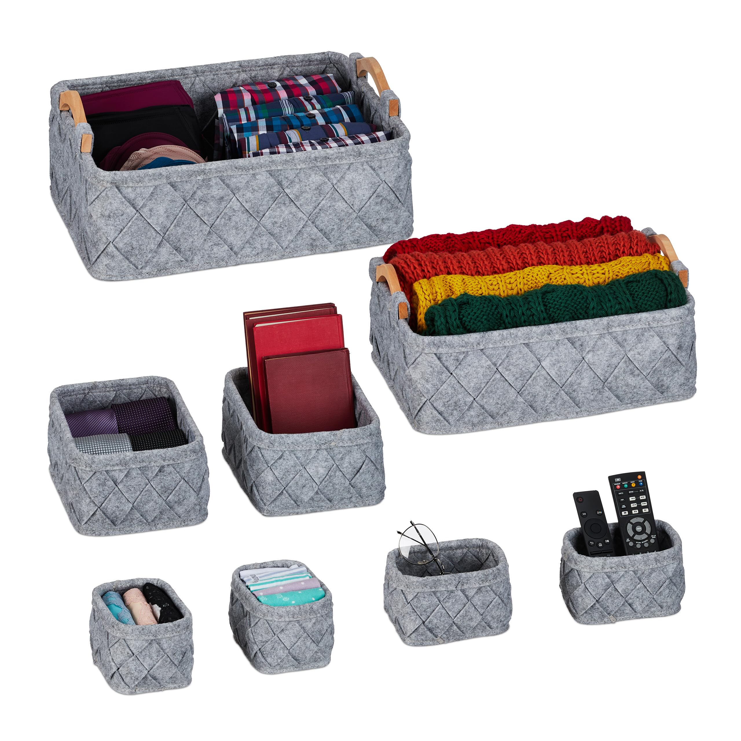 Relaxdays Schrank-Organizer-Set, 8-tlg., Filz, hellgrau, 4 Größen mit 2 Körbchen