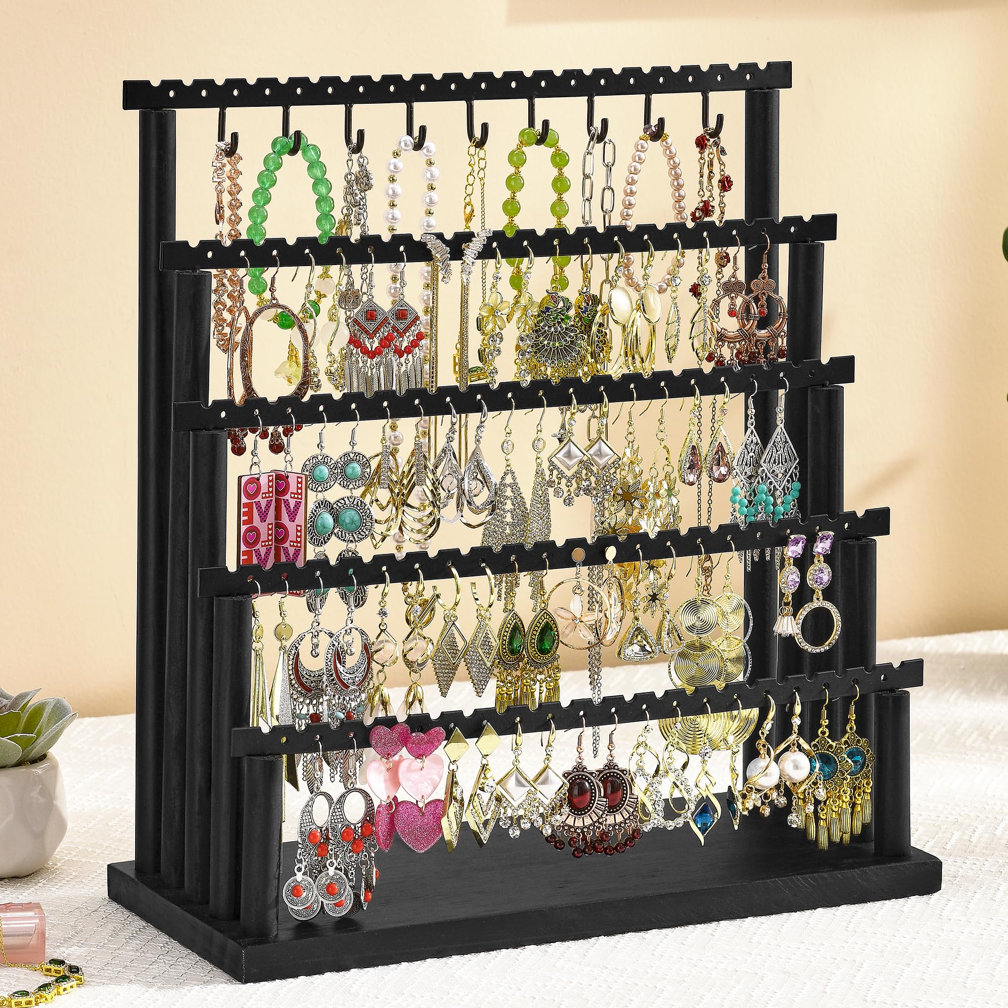 Earring Holder, 5 Layer Earring Organizer Diaplay Stand for Earring Necklace Bracelets, Jewelry Organizers and Storages, Gifts for Girls Women (Black)