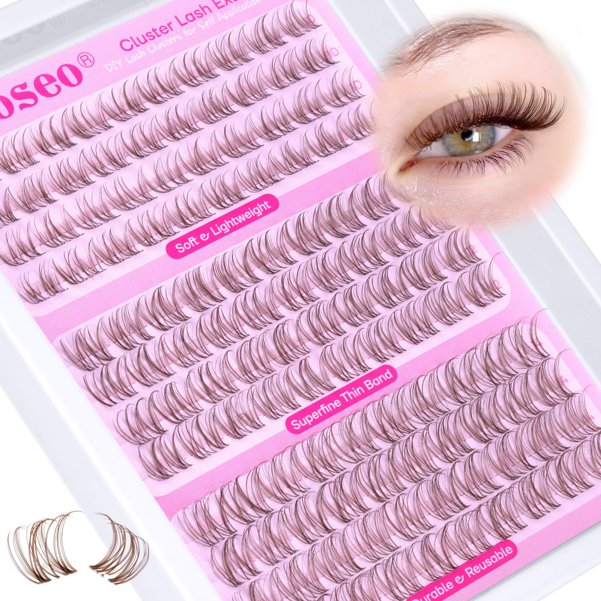 wiwoseo Brown Lash Clusters Natural Eyelash Clusters Lashes Natural Look Lash Extension Invisible Band Individual Lashes Cluster Eyelash Extensions Wispy Lash Clusters Brown Lashes (10-14MM)