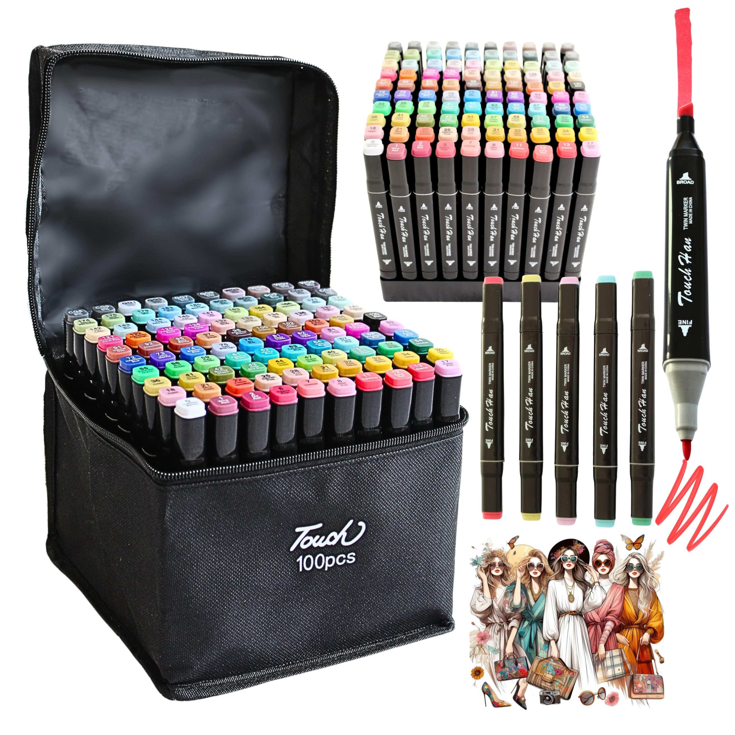 Rotuladores Doble Punta, Plumones de Colores, 100 Marcadores con Estuche y Base. Estuche Rotuladores de Alcohol Permanentes, Rotuladores Mandalas Adultos y Niños para colorear, Pack Rotuladores