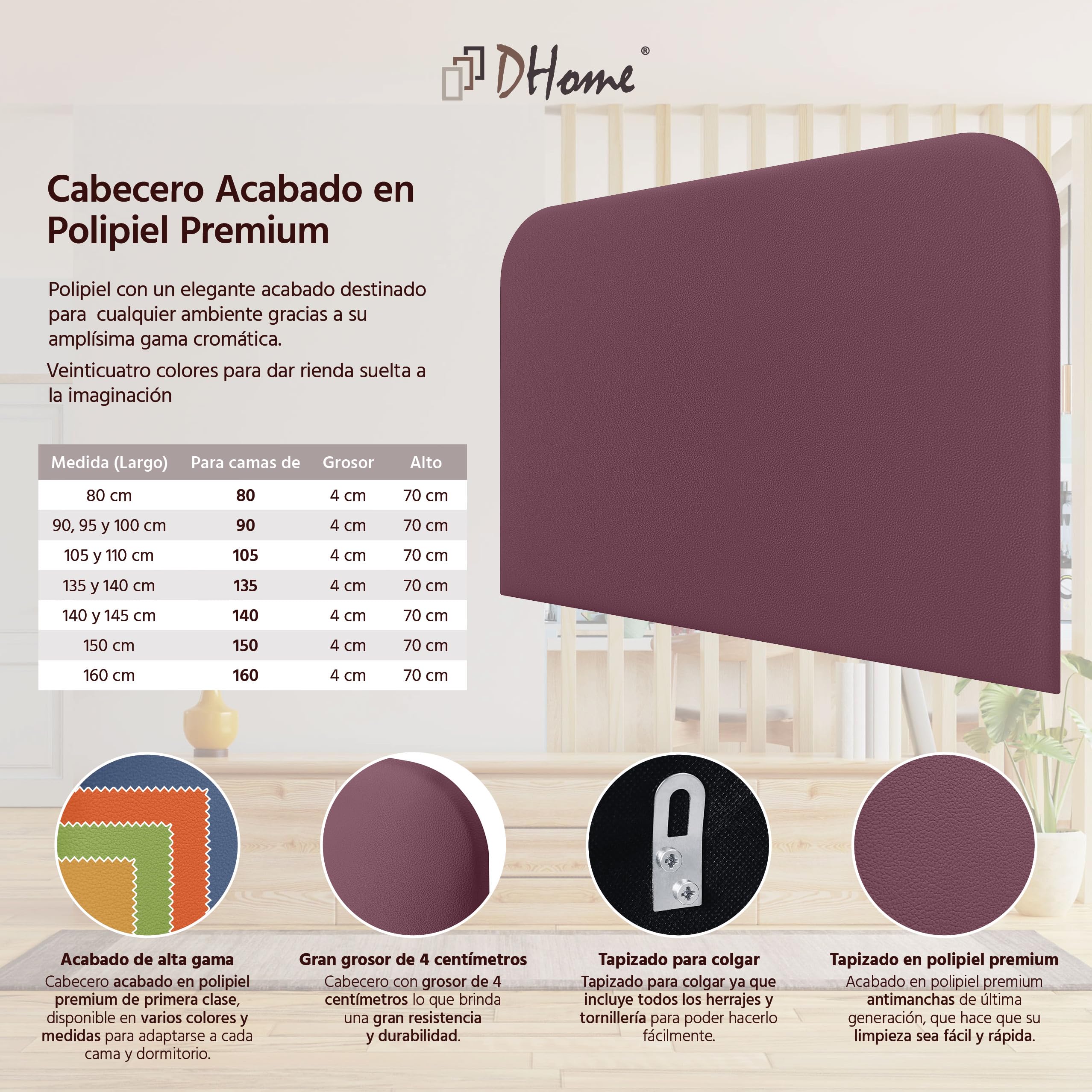 DHOME Cabecero Tapizado Liso Curvo Polipiel 70cm Altura para Pared Acústicos Cabeceros Absorbentes Cabezal Cama Dormitorio (Vino Tinto, 80cm)