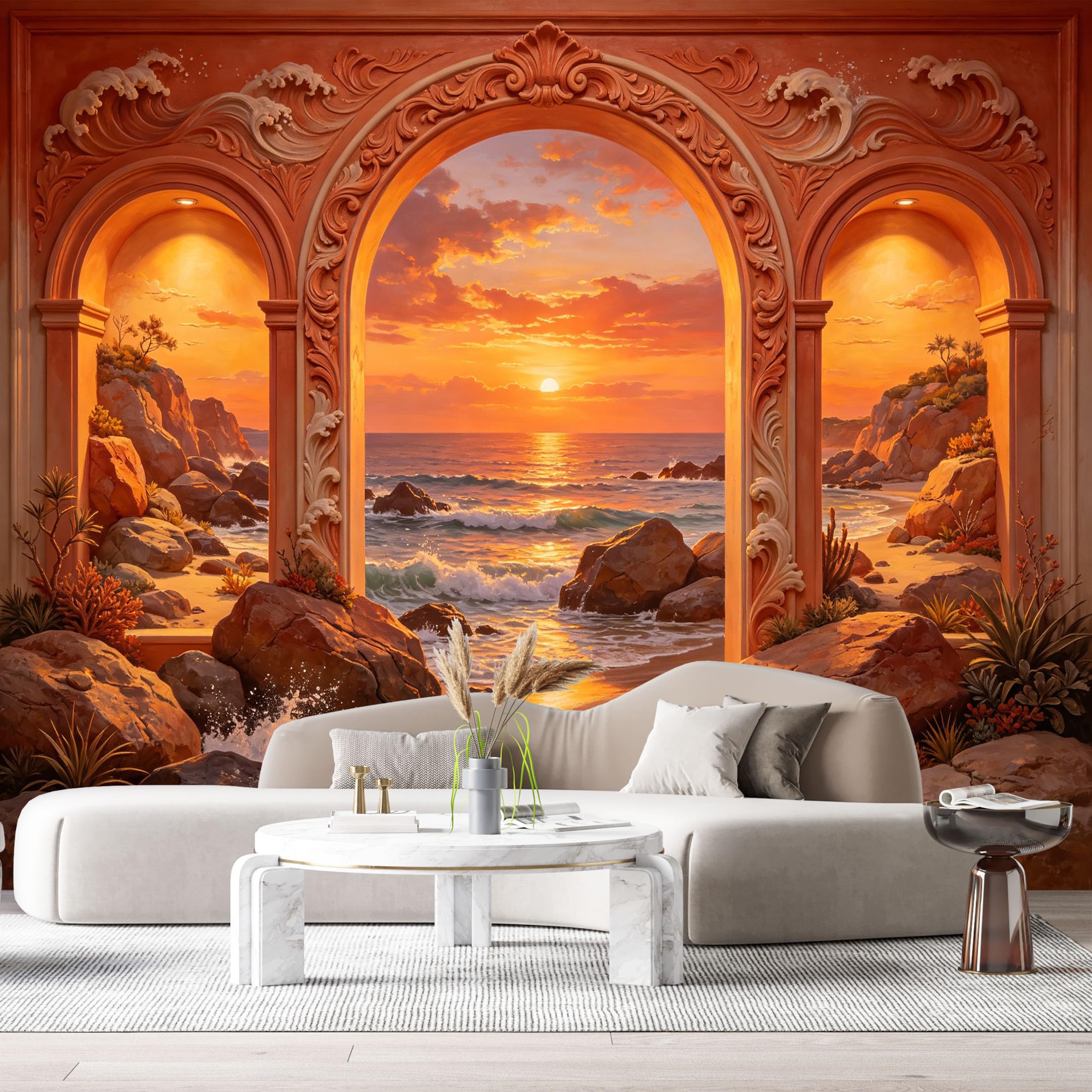 Custom Size Wall Murals Coastal Ocean Sunset Archway 3D Trompe L'Oeil SelfAdhesiveWall Fabric Removable Wallpaper Wall Decor for Living Room Bedroom Bathroom