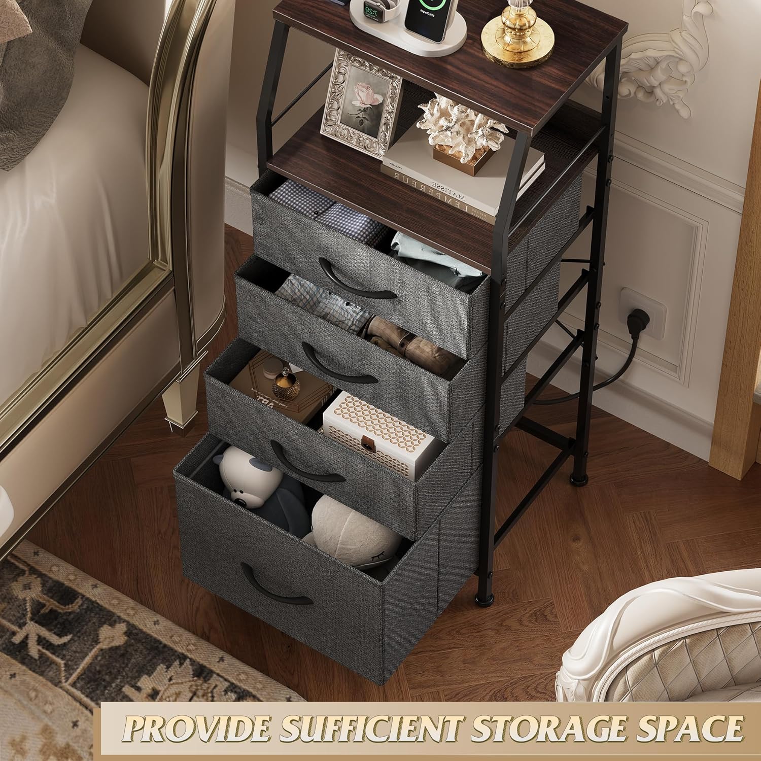 WLIVE Nightstand with Charging Station, Night Stand with LED Light, Tall 4 Drawer Dresser for Bedroom, 37" H Bedside Table with Fabric Storage Bins, Open Wood Shelf, Metal Frame, Dark Grey - Image 3
